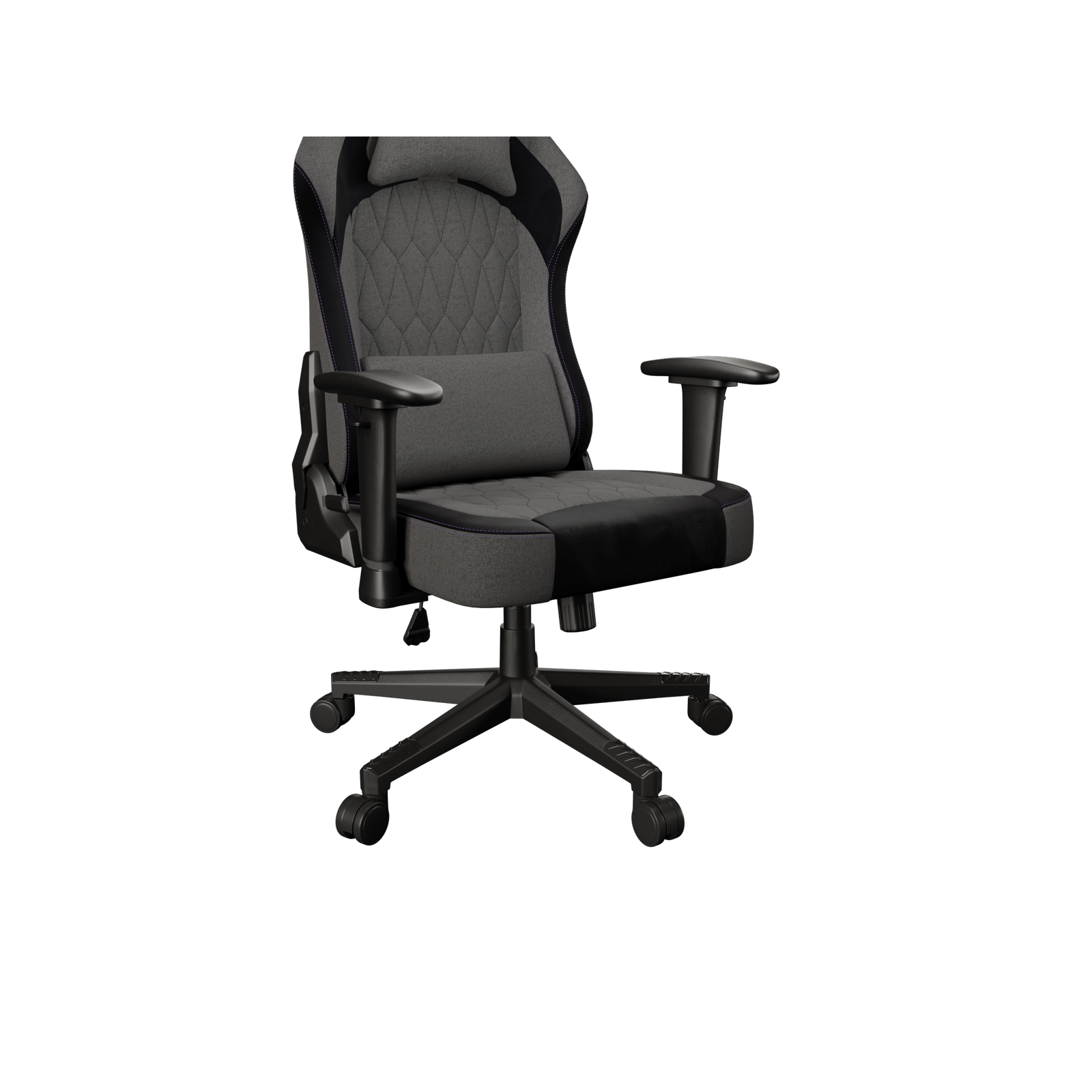Una silla de juego gris y negra con ruedas sobre fondo blanco.