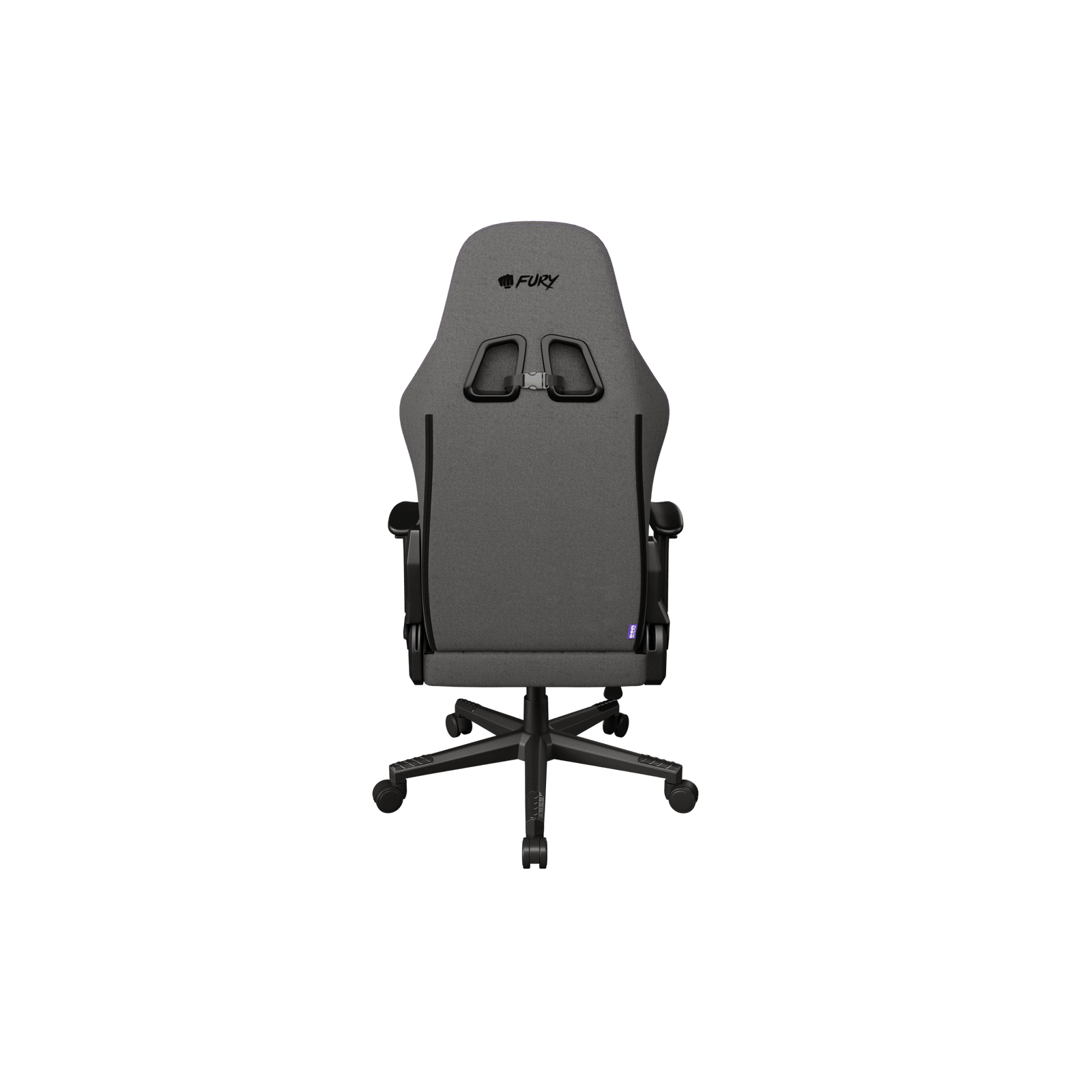 Vista trasera de una silla gaming gris con base negra y ruedas sobre fondo blanco.