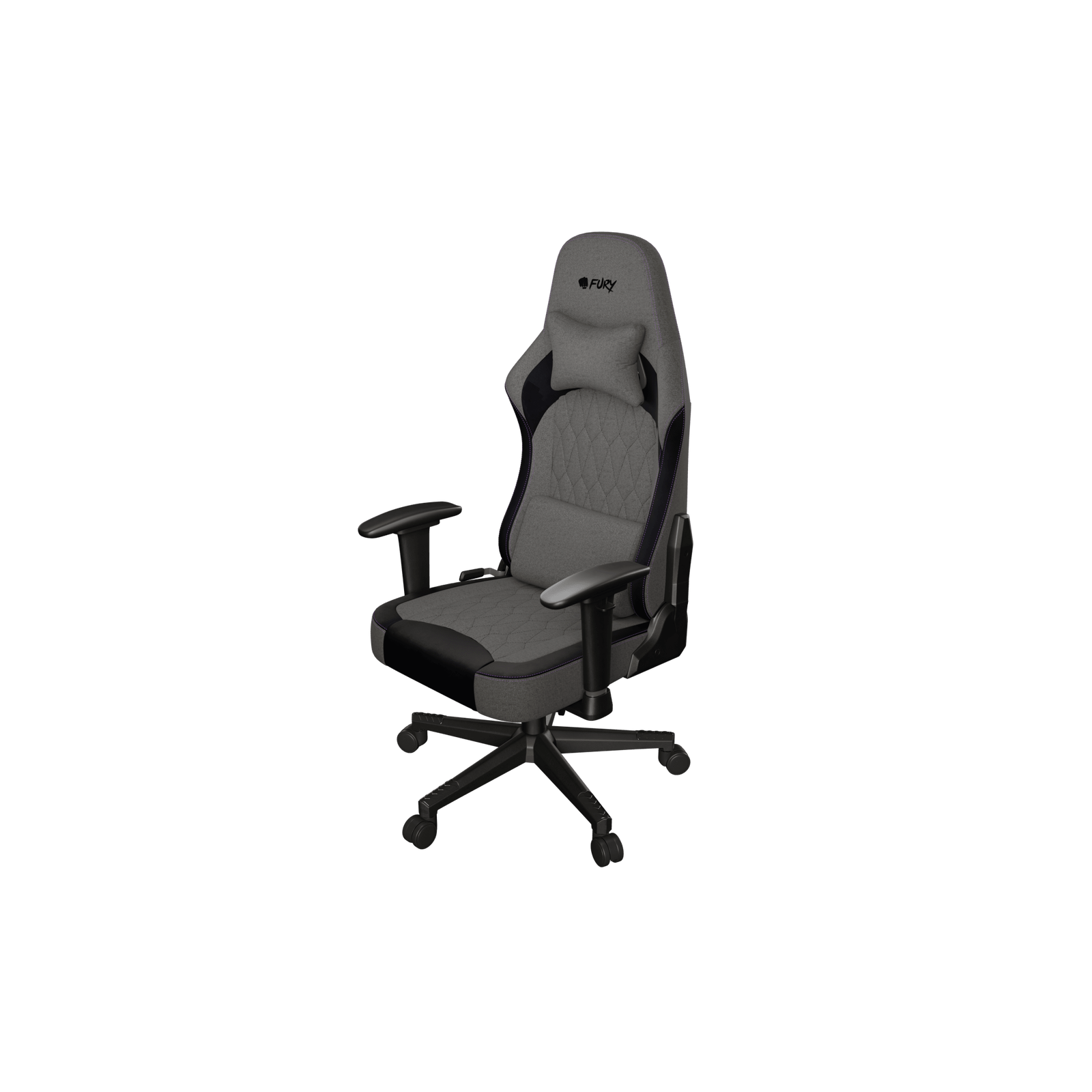 Una silla gamer gris y negra con reposabrazos ajustables y cojín para la cabeza, sobre fondo blanco.
