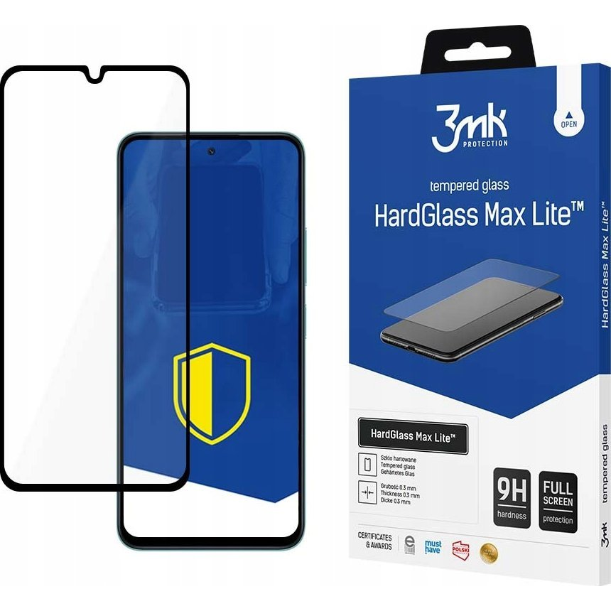 3mk HardGlass Max Lite csomagolás edzett üveggel és okostelefonnal.