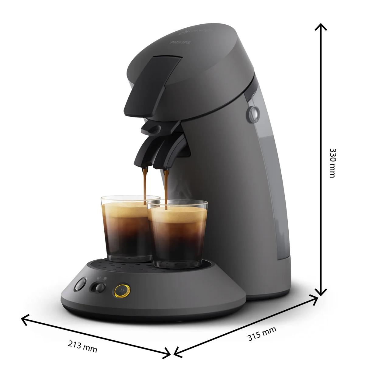 Cafetera gris sirviendo dos tazas de café, dimensiones 330x213x315 mm.