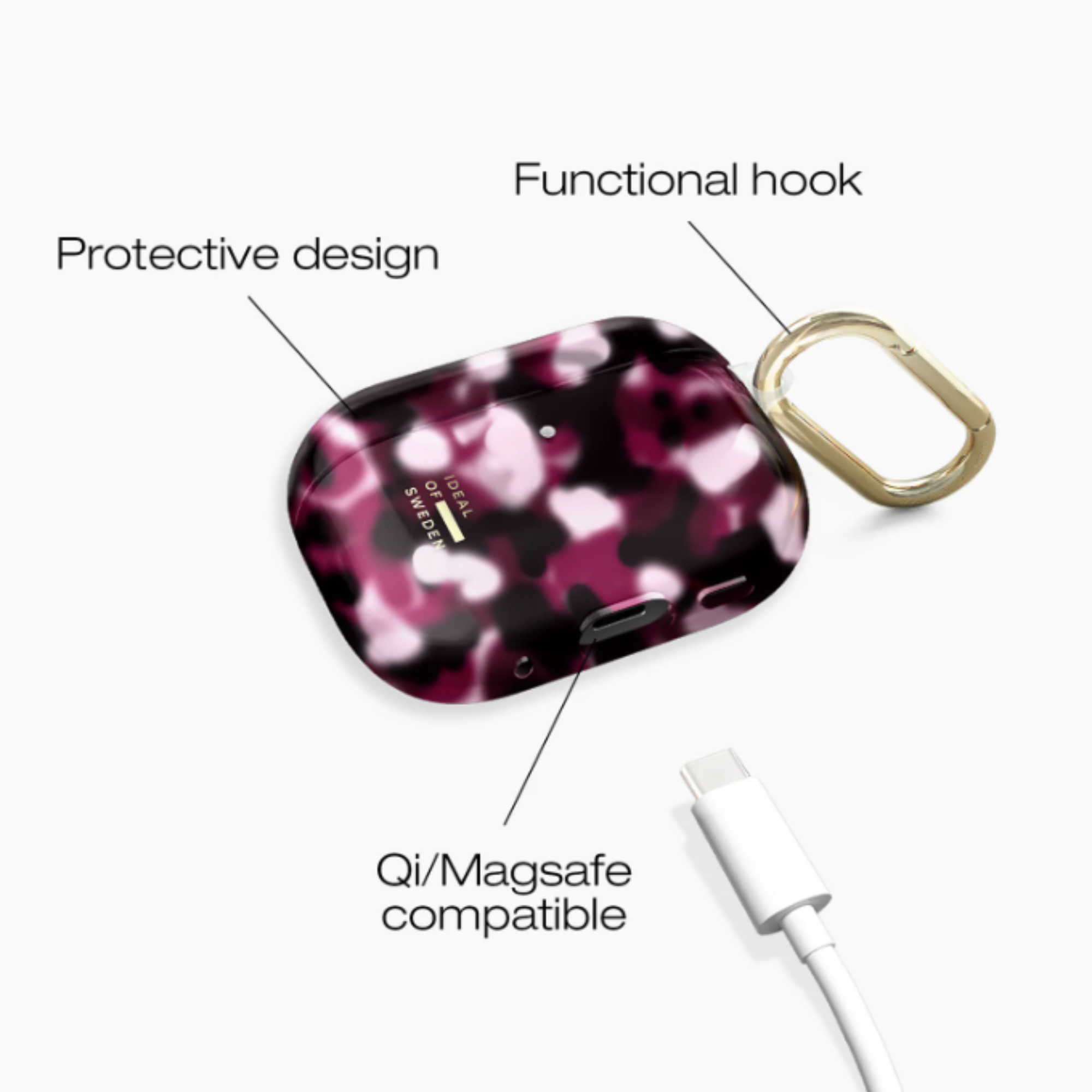 Rosa Marmor AirPods-Hülle mit Goldhaken und Ladekabel, schützendes Design und Qi/Magsafe-Kompatibilität.