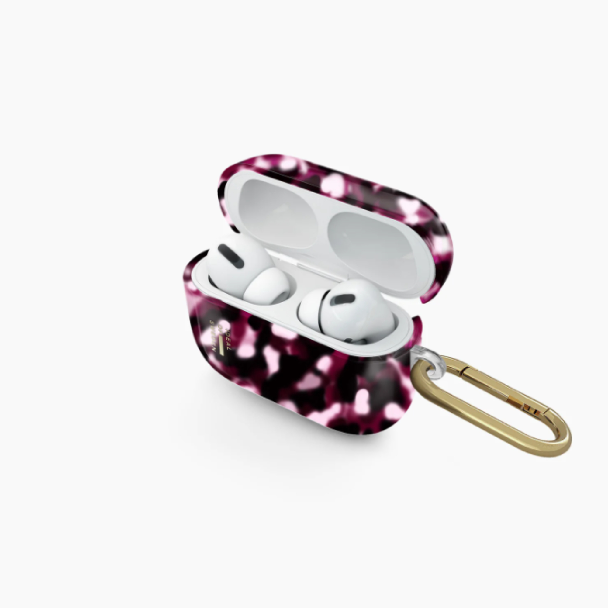 Offenes AirPods-Case in Pink und Schwarz mit Muster, weißen Ohrhörern und goldenem Karabiner.