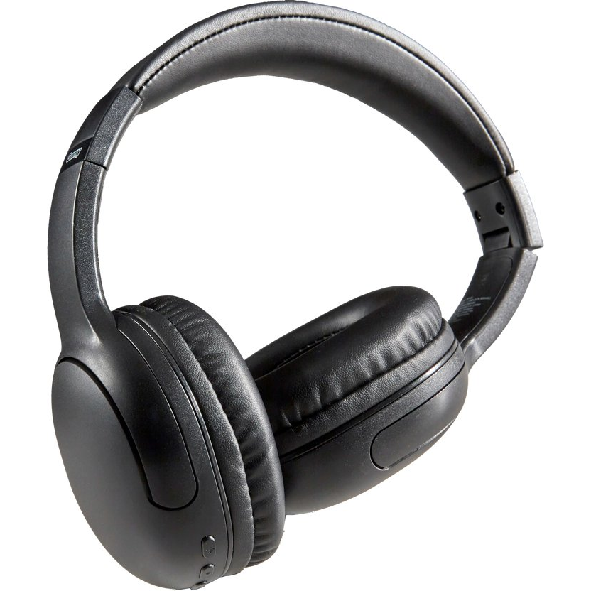 Auriculares supraaurales negros con almohadillas acolchadas sobre fondo blanco.