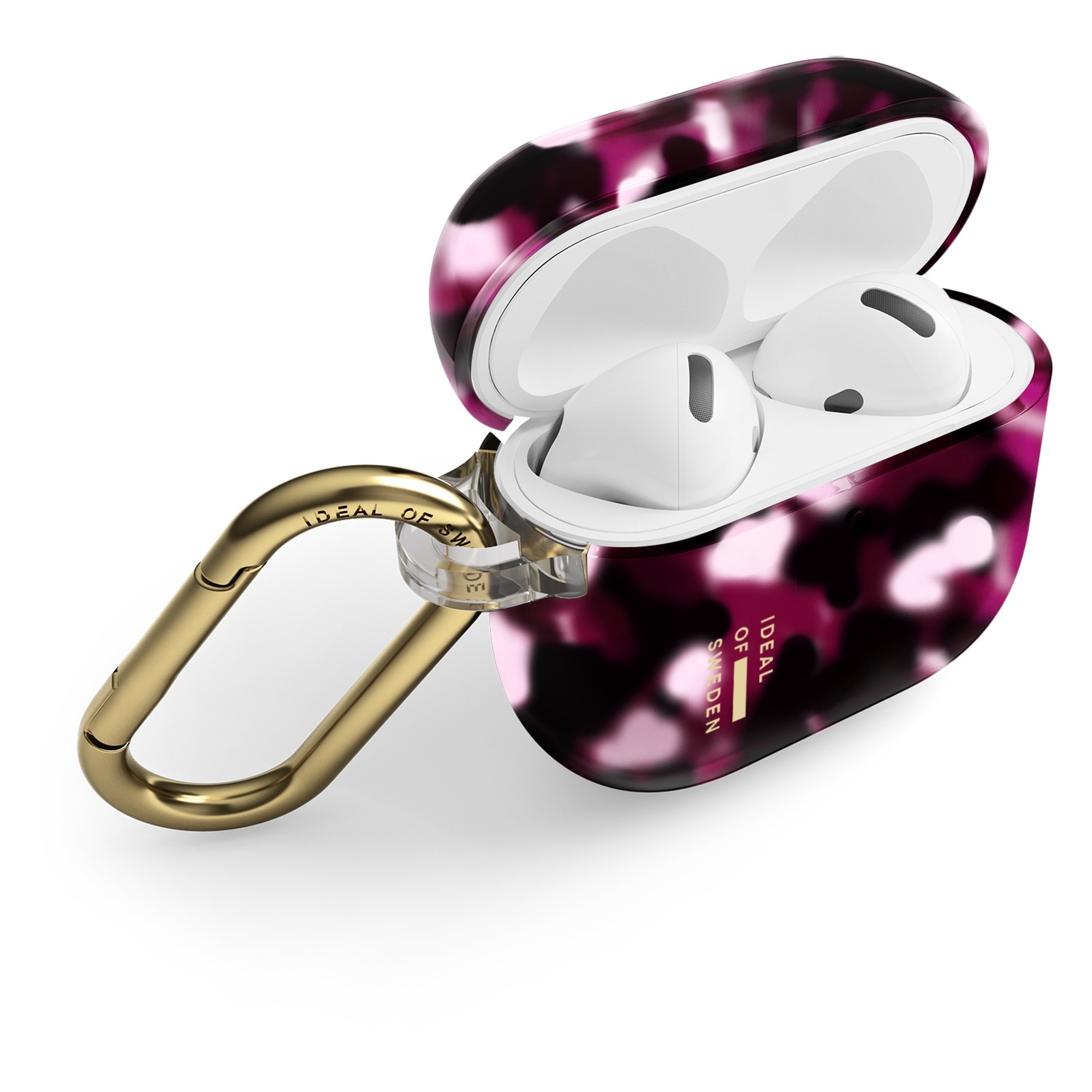 Geöffnete AirPods-Hülle in Pink und Schwarz mit weißem Innenfutter, weißen Ohrhörern und goldenem Karabiner.