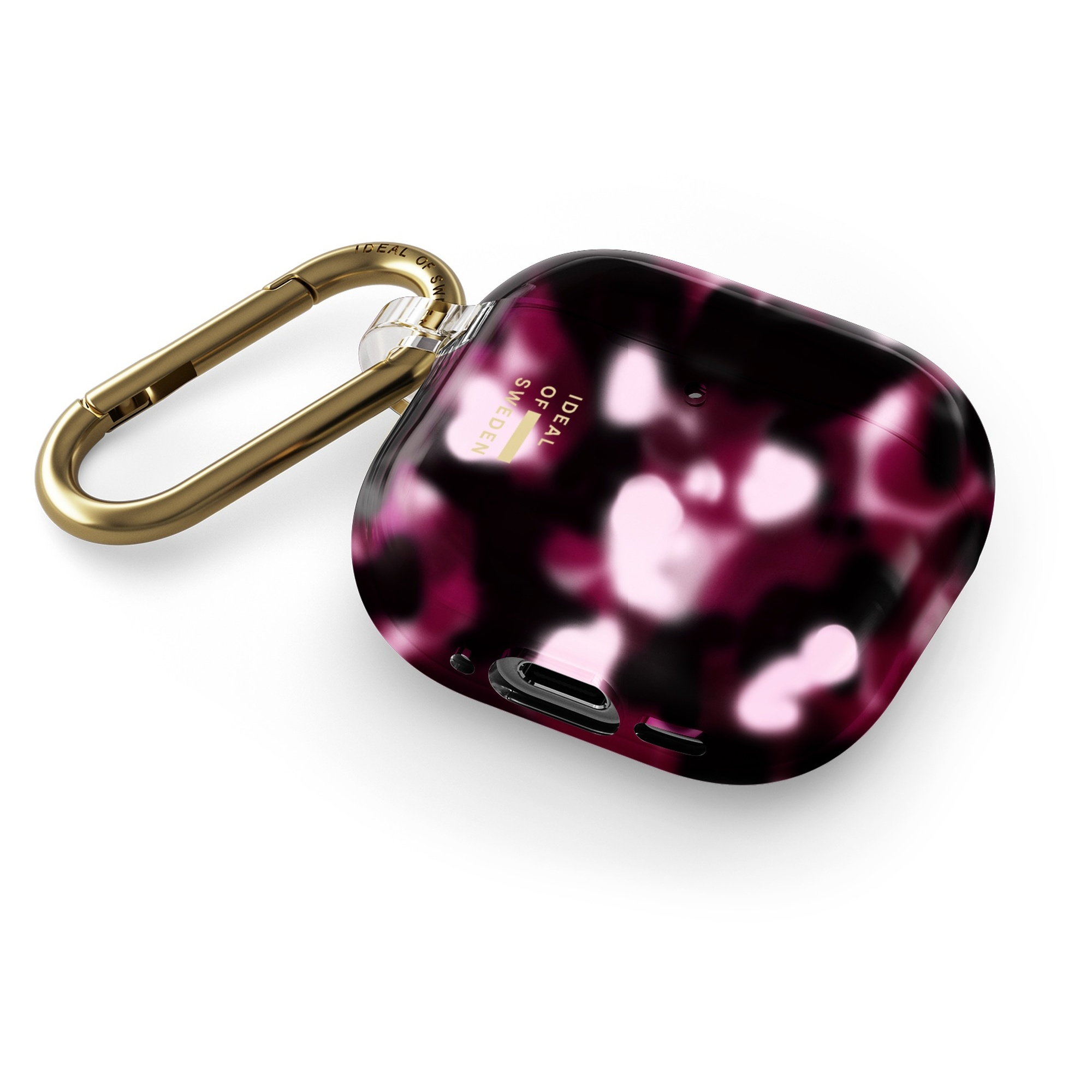 Glänzende AirPods-Hülle in Pink und Schwarz mit goldenem Karabiner.