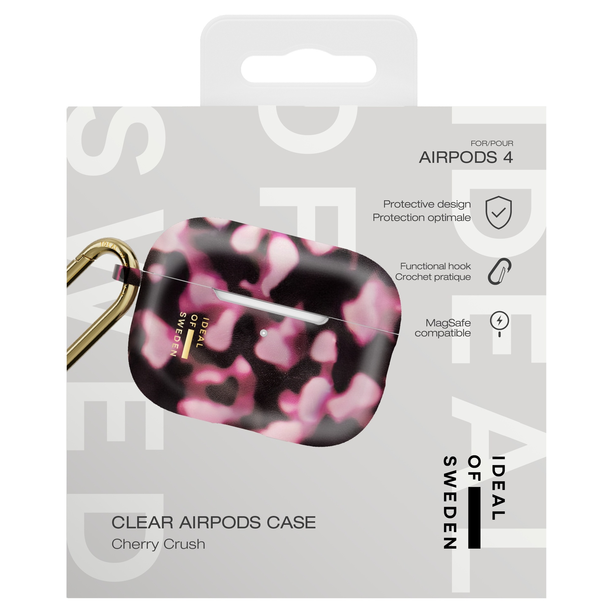 Verpackung für AirPods 4 mit rosa-schwarz gemustertem Schutzcase und goldenem Karabiner.