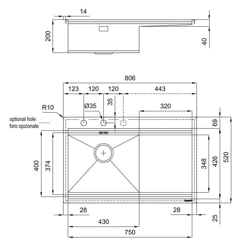 Disegno tecnico di un lavello con dimensioni e viste laterali.