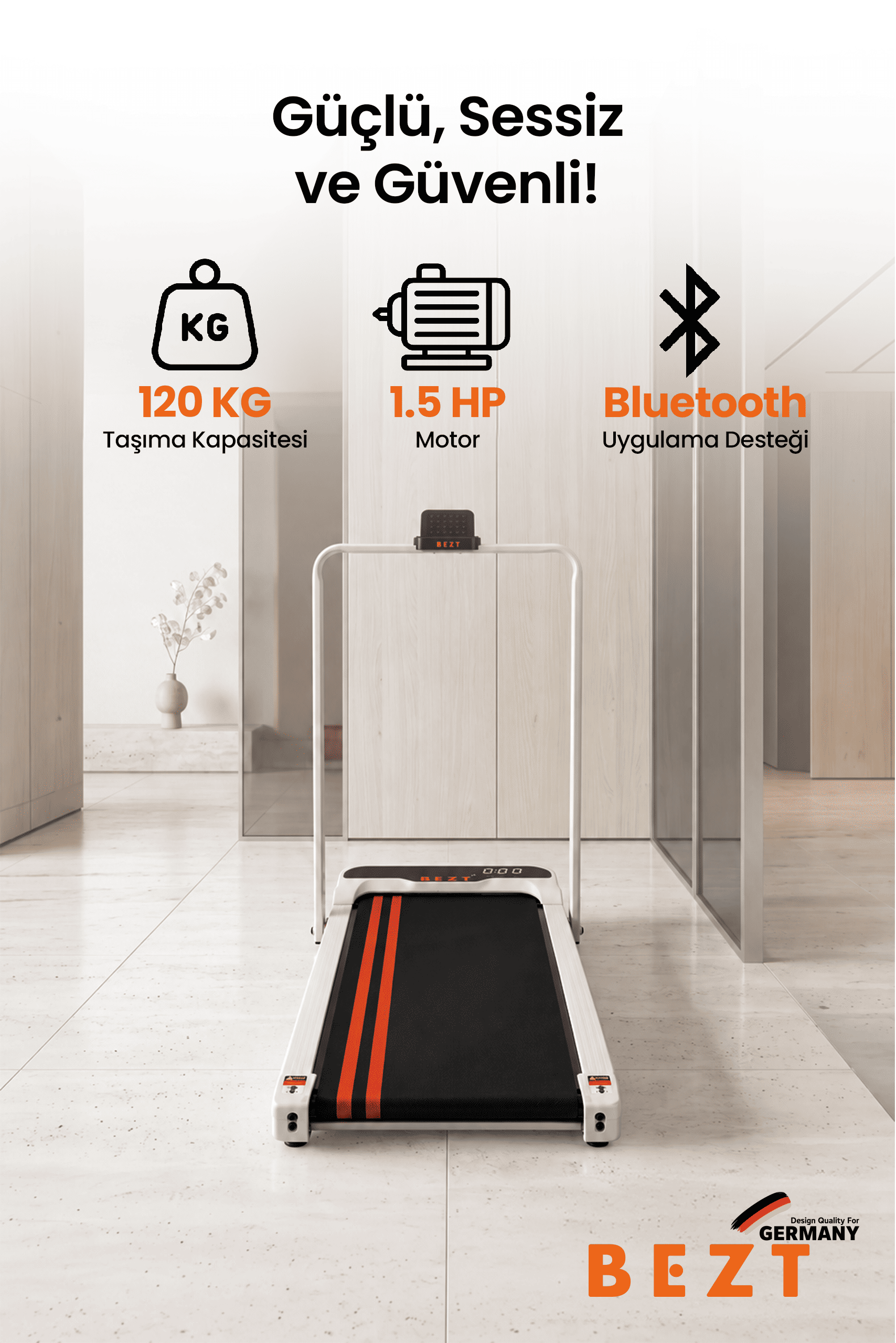 Modern bir odada 120 kg kapasite, 1.5 HP motor ve Bluetooth simgeleri olan kompakt bir koşu bandı.