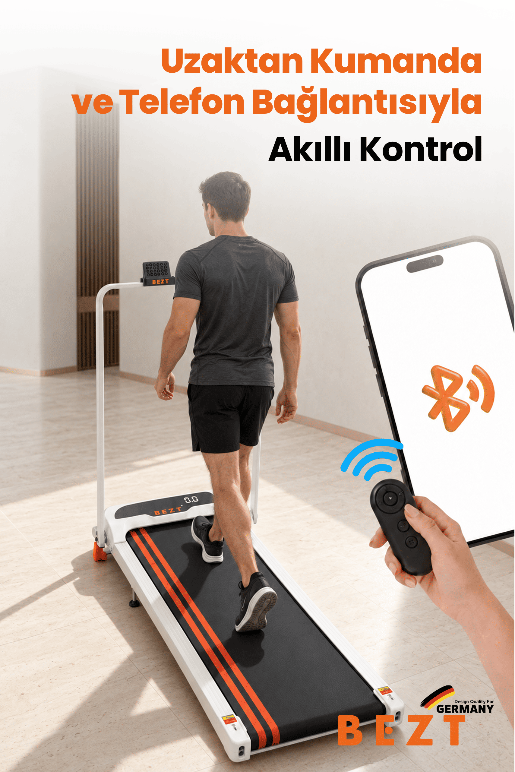 Bir adam koşu bandında yürüyor, bu sırada bir el Bluetooth simgeli bir akıllı telefon ve bir uzaktan kumanda tutuyor.