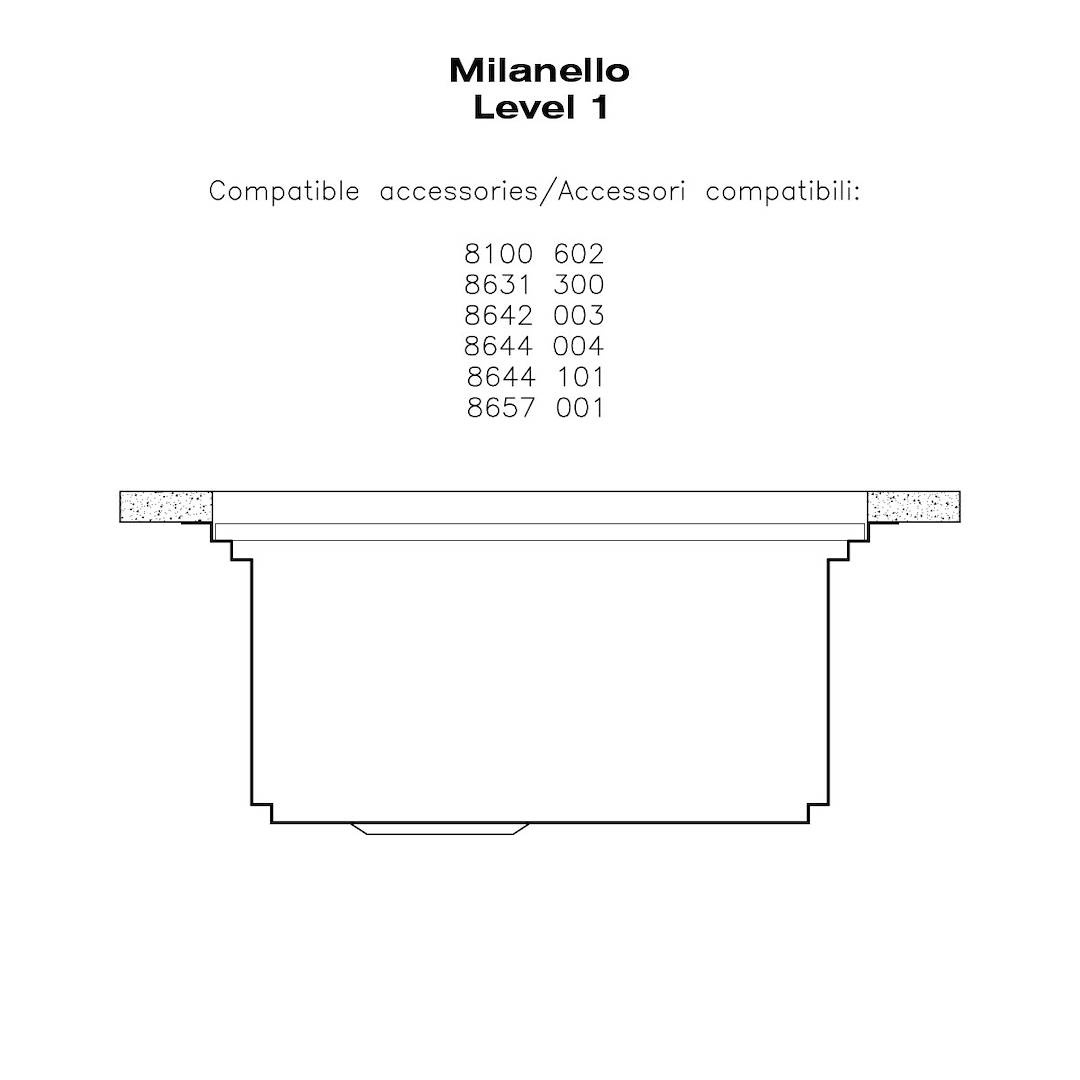 Disegno tecnico di Milanello Livello 1 con elenco accessori compatibili.