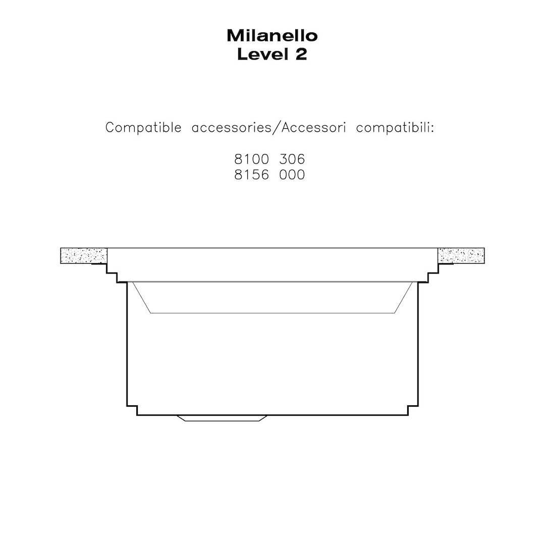 Disegno tecnico del lavello Milanello Livello 2 con quote, profilo e accessori.