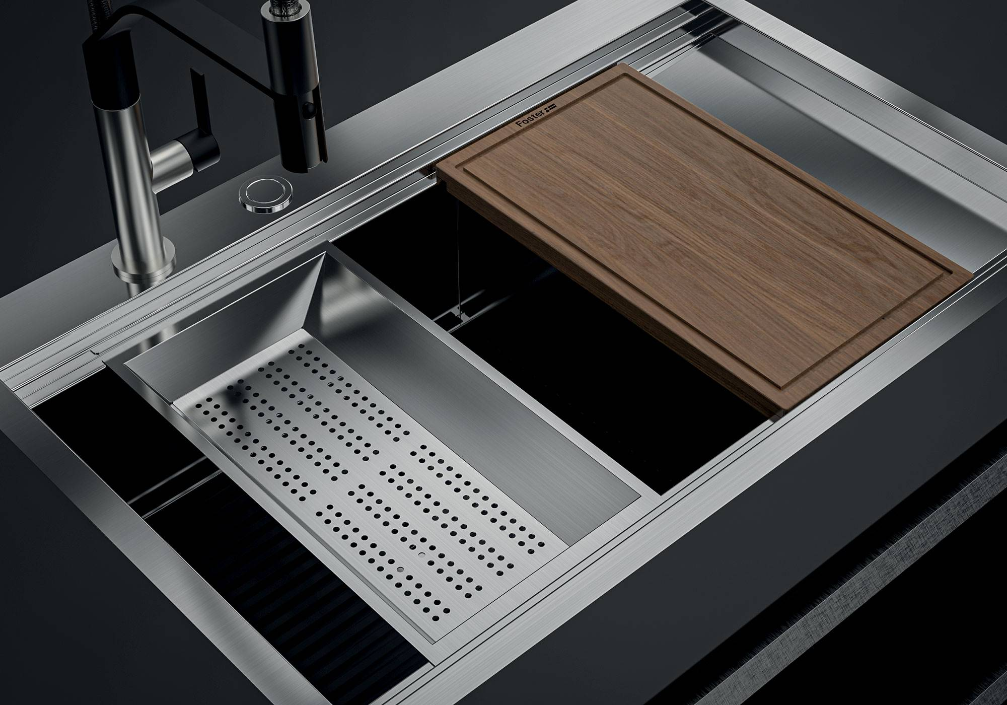 Moderno lavello da cucina in acciaio inossidabile con rubinetto elegante, inserto forato e tagliere in legno.