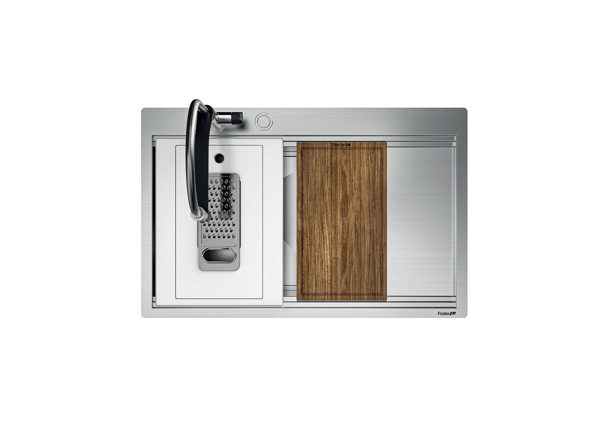 Lavello in acciaio inox con rubinetto, inserto bianco, grattugia in metallo e tagliere in legno.