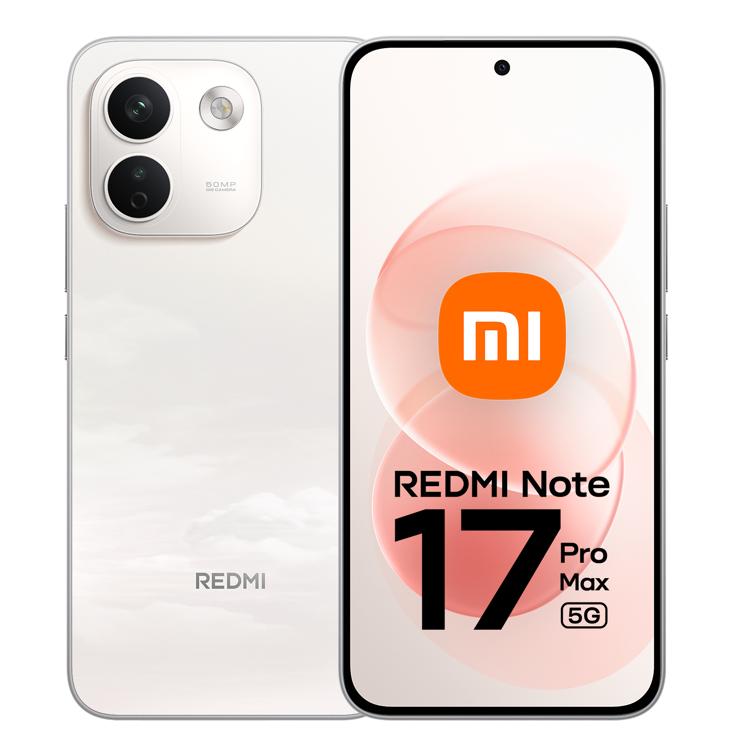 Weißes Xiaomi Redmi Note 17 Pro Max 5G Smartphone mit Frontbildschirm und Dual-Kamera-Rückseite.