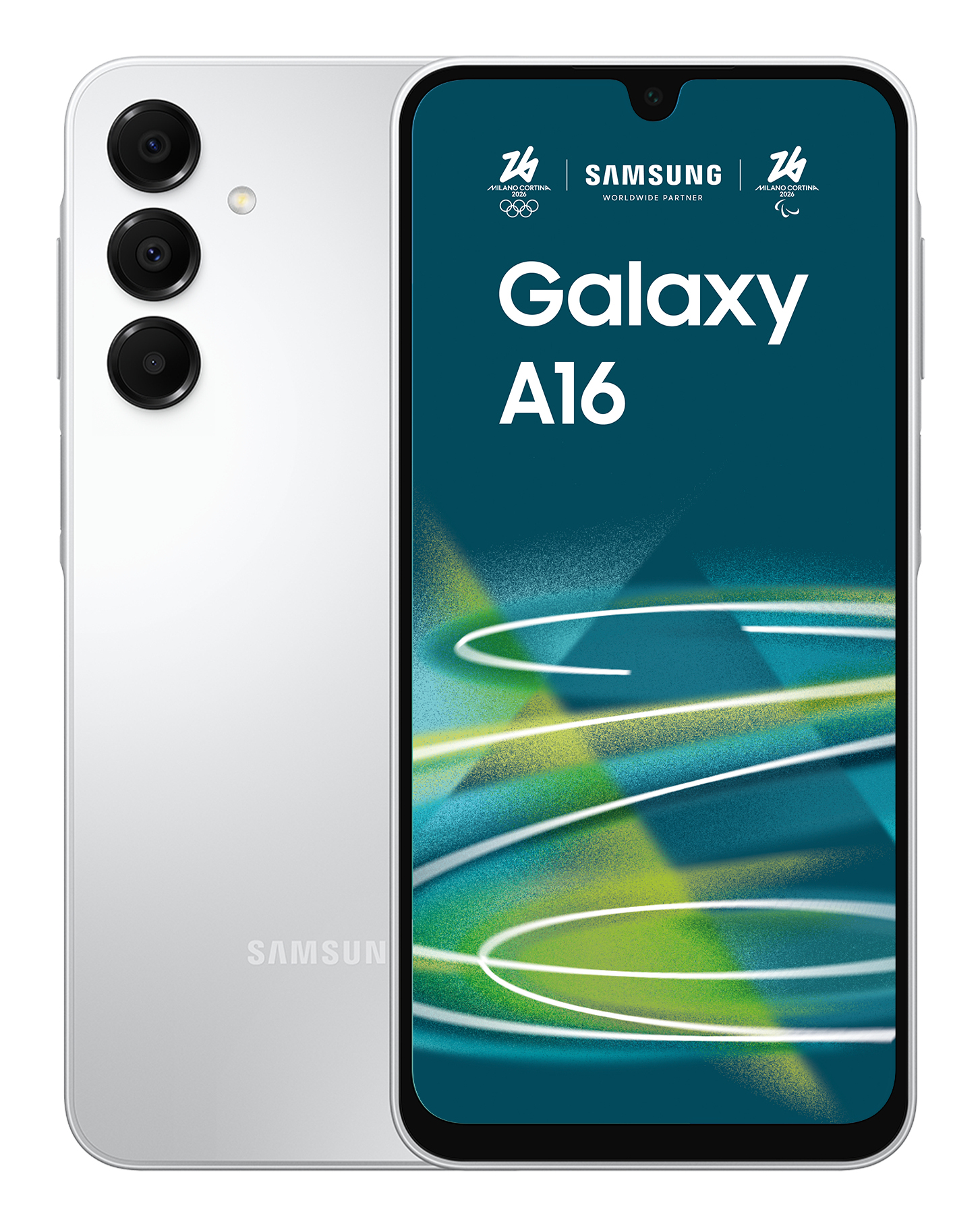 Smartphone blanco Samsung Galaxy A16, mostrando parte delantera y trasera con tres cámaras y logo.