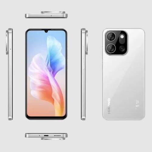 Gri bir arka plan üzerinde şık beyaz bir akıllı telefonun ön, arka ve yan görünümleri.