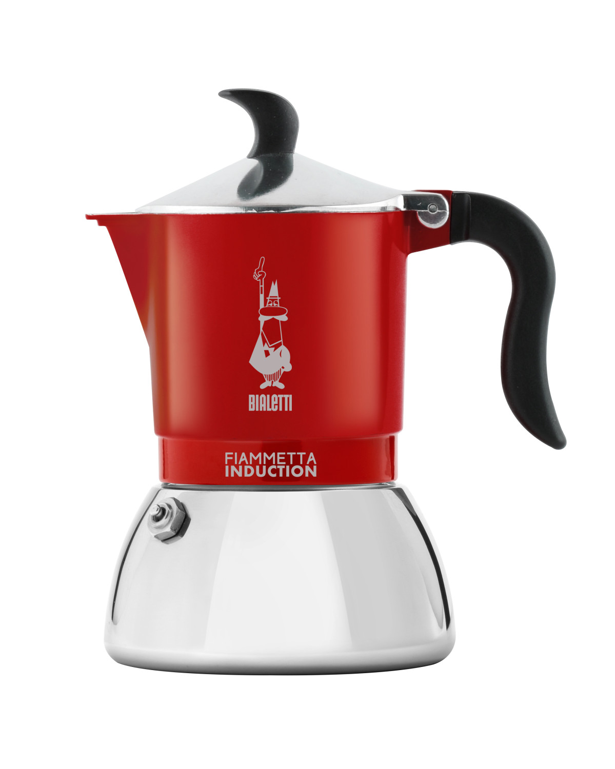 Una moka Bialetti Fiammetta Induction rossa e argento con manico e pomolo neri su sfondo bianco.