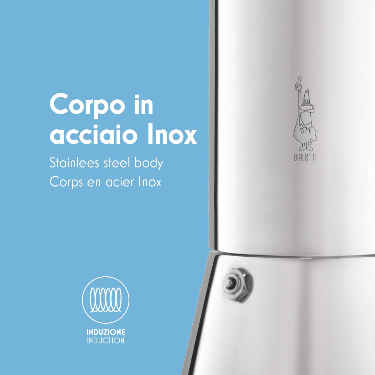 Caffettiera in acciaio inox con logo Bialetti su sfondo blu.