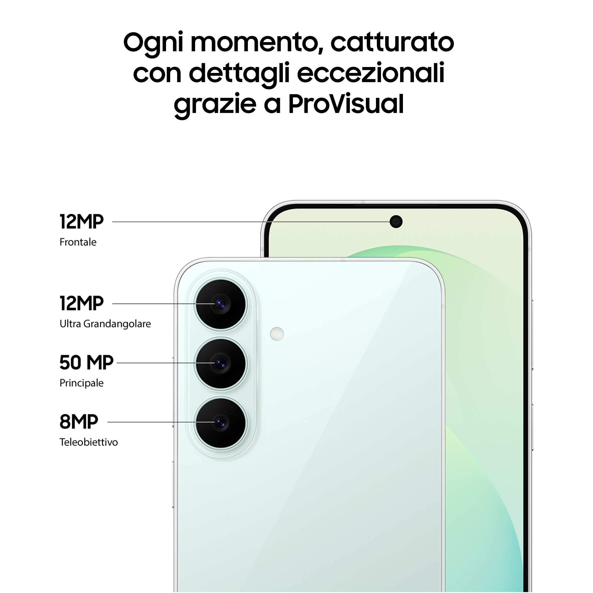 Especificaciones de la cámara del smartphone con lentes frontal de 12MP, ultra gran angular de 12MP, principal de 50MP y teleobjetivo de 8MP.