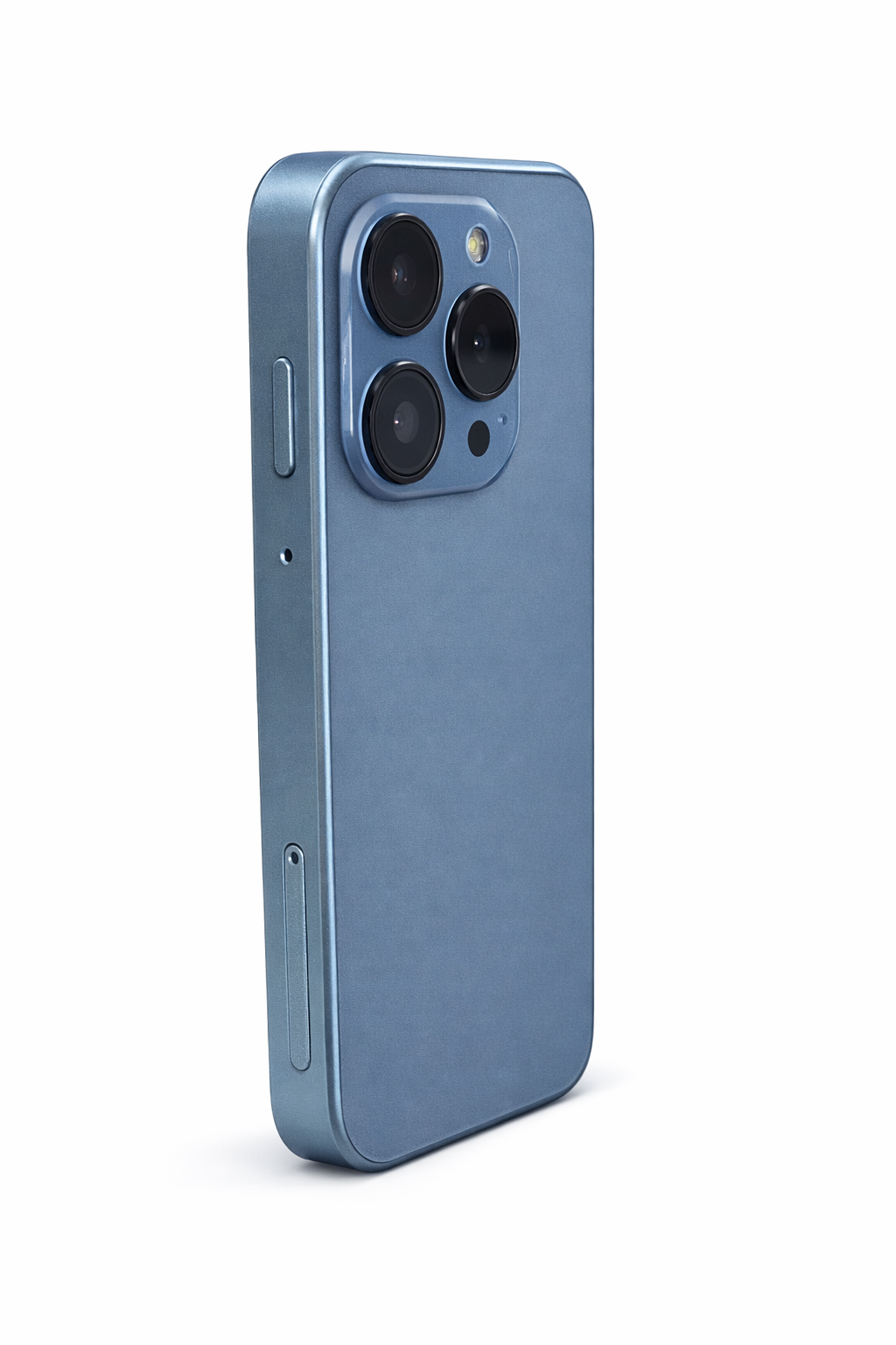 Parte trasera de smartphone azul con tres lentes de cámara y marco plano sobre fondo blanco.