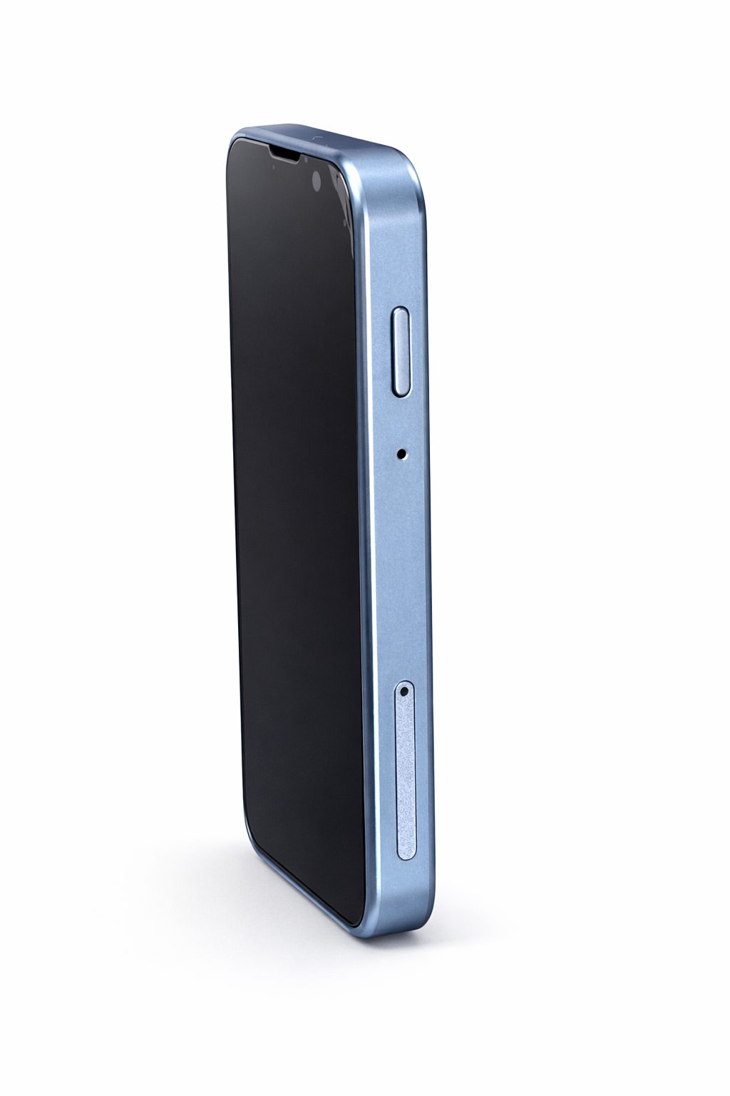 Un smartphone azul se muestra en ángulo sobre un fondo blanco, con bordes y botones visibles.