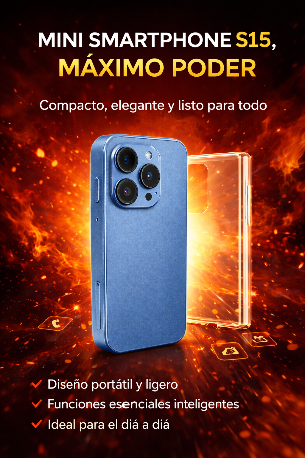 Un mini teléfono azul con tres cámaras frente a un fondo de fuego con texto promocional.