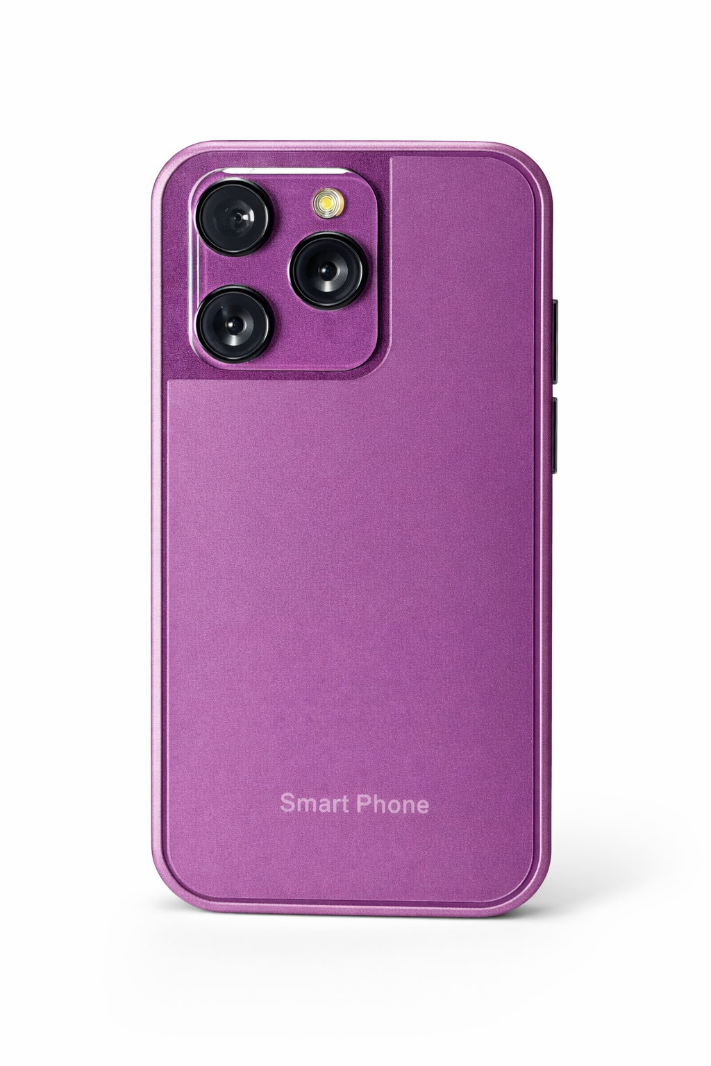 Parte trasera de un smartphone morado con tres cámaras, flash y el texto Smart Phone sobre fondo blanco.