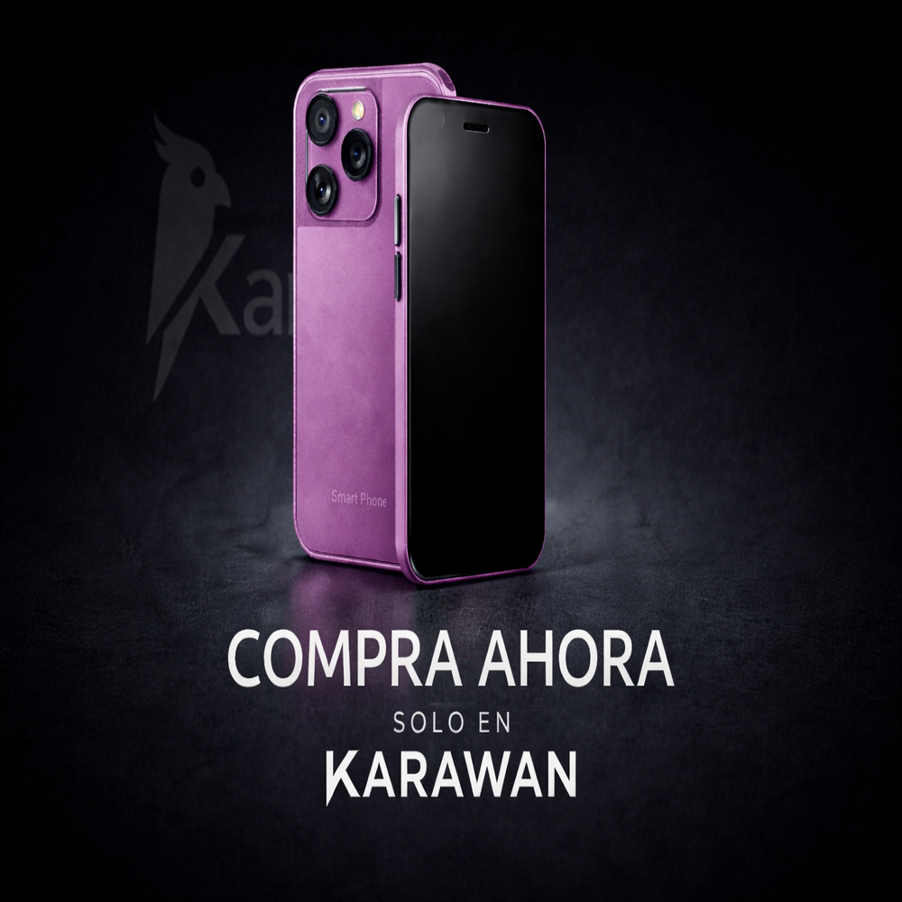 Un smartphone morado sobre fondo oscuro con texto COMPRA AHORA SOLO EN KARAWAN.