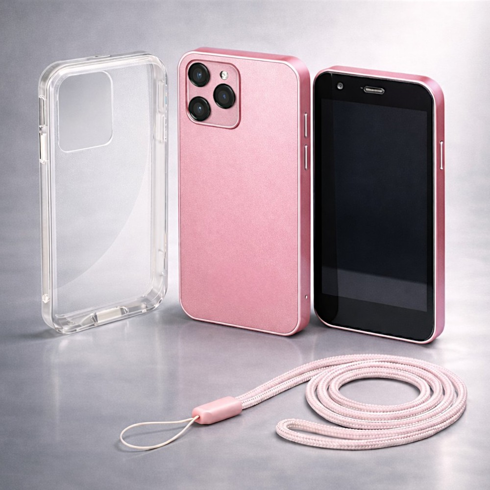 Una funda de móvil rosa, una funda transparente, un smartphone rosa y un cordón a juego sobre fondo gris.