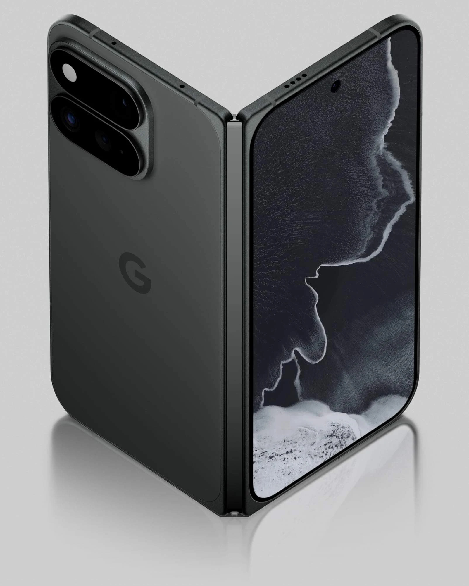 Un smartphone plegable negro con cámara dual y logotipo de Google en la parte posterior, parcialmente abierto.