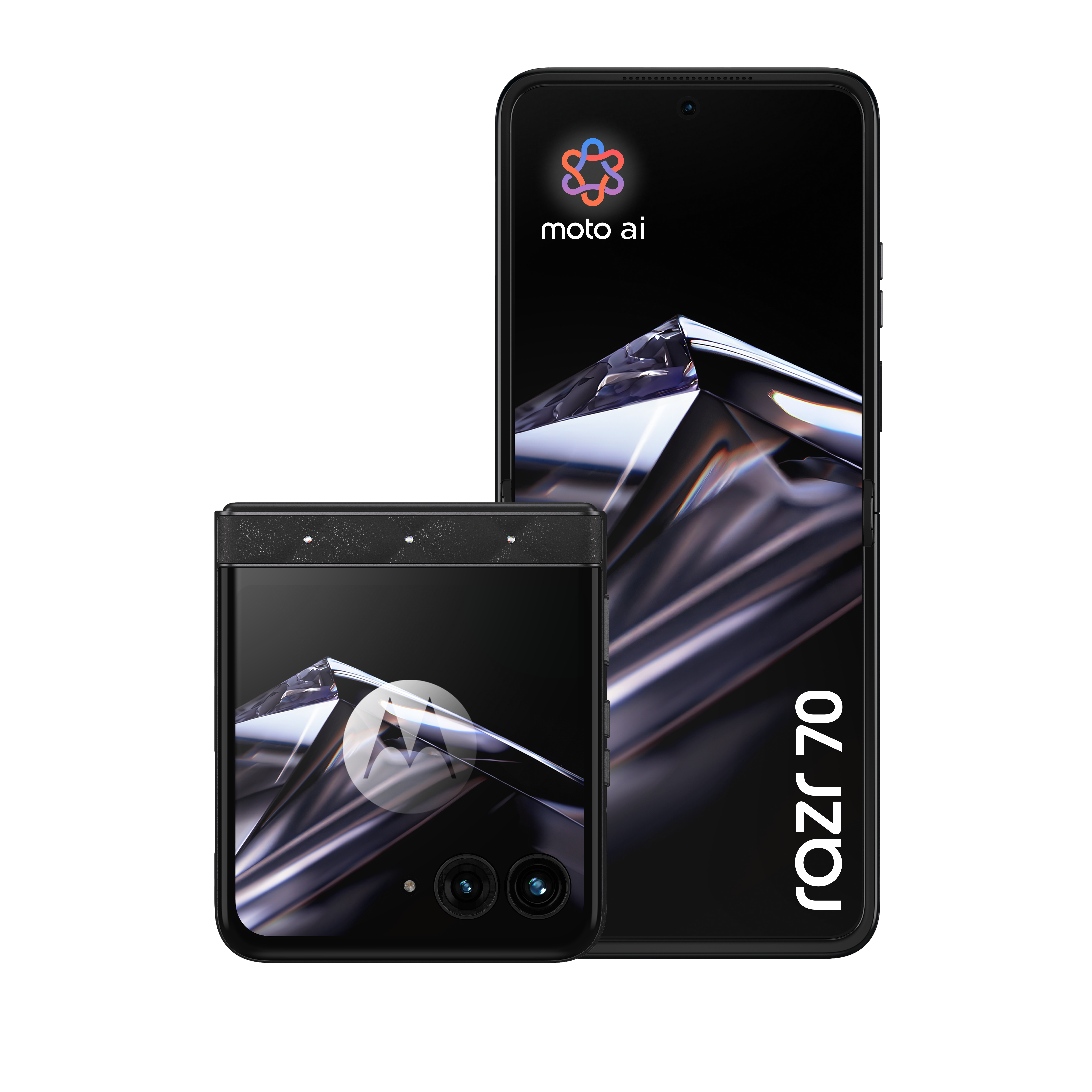 Dos teléfonos inteligentes Motorola Razr 70 negros, uno abierto y otro plegado, sobre un fondo blanco.