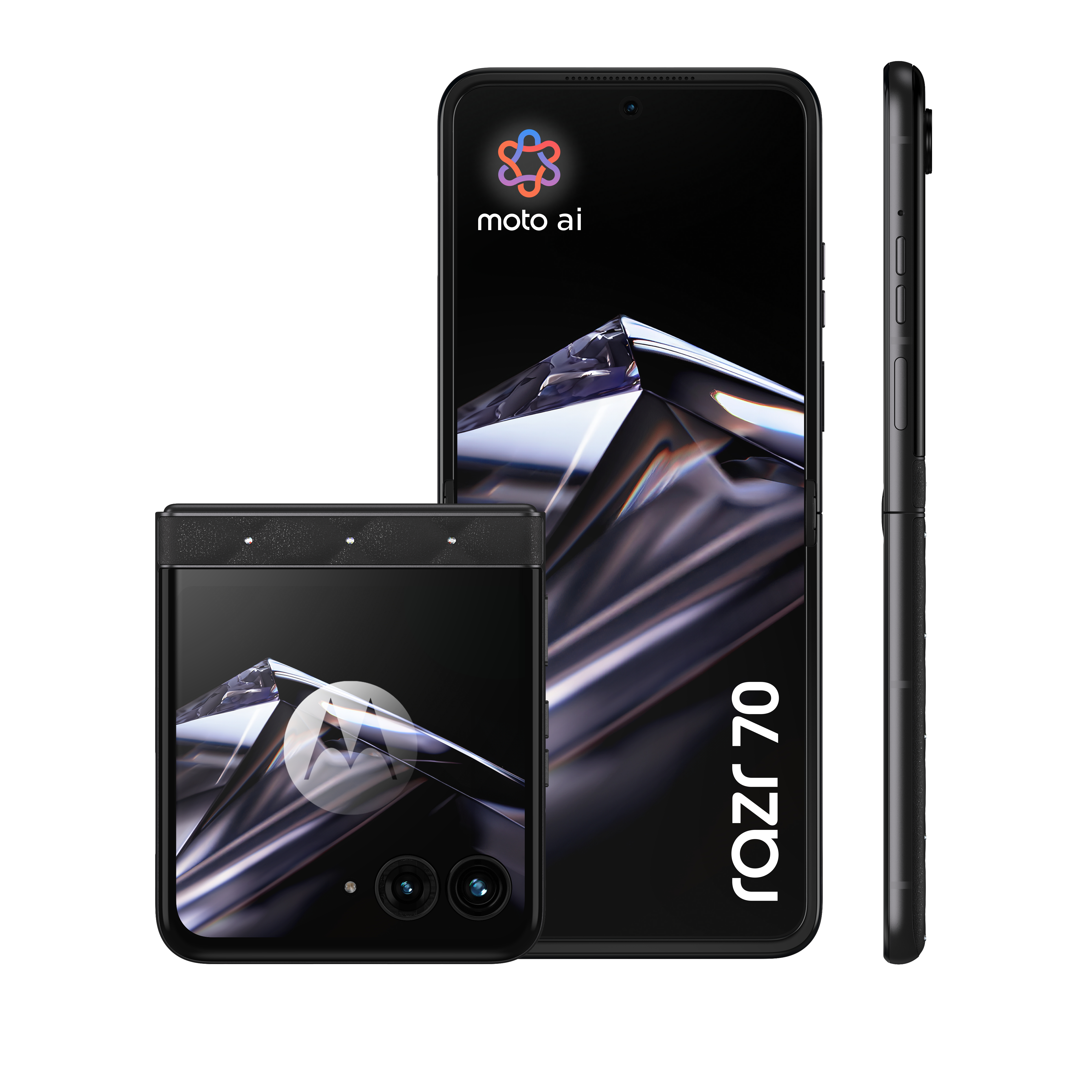Tres vistas del smartphone negro Motorola Razr 70: desplegado, plegado y de perfil.