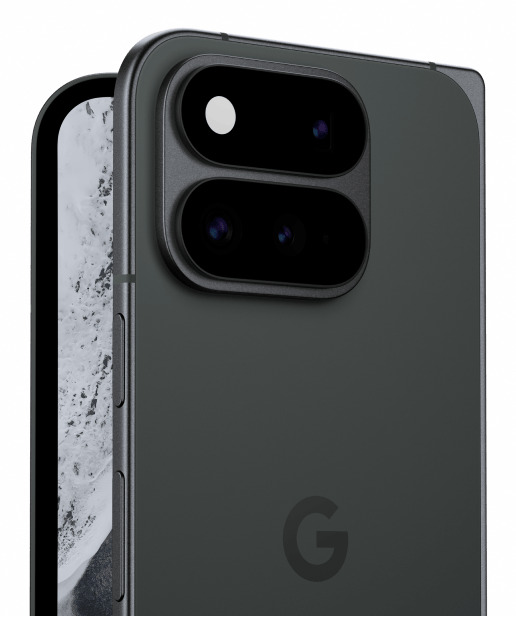 Parte trasera de un smartphone gris oscuro con una cámara en forma de píldora, dos lentes y el logo de Google.