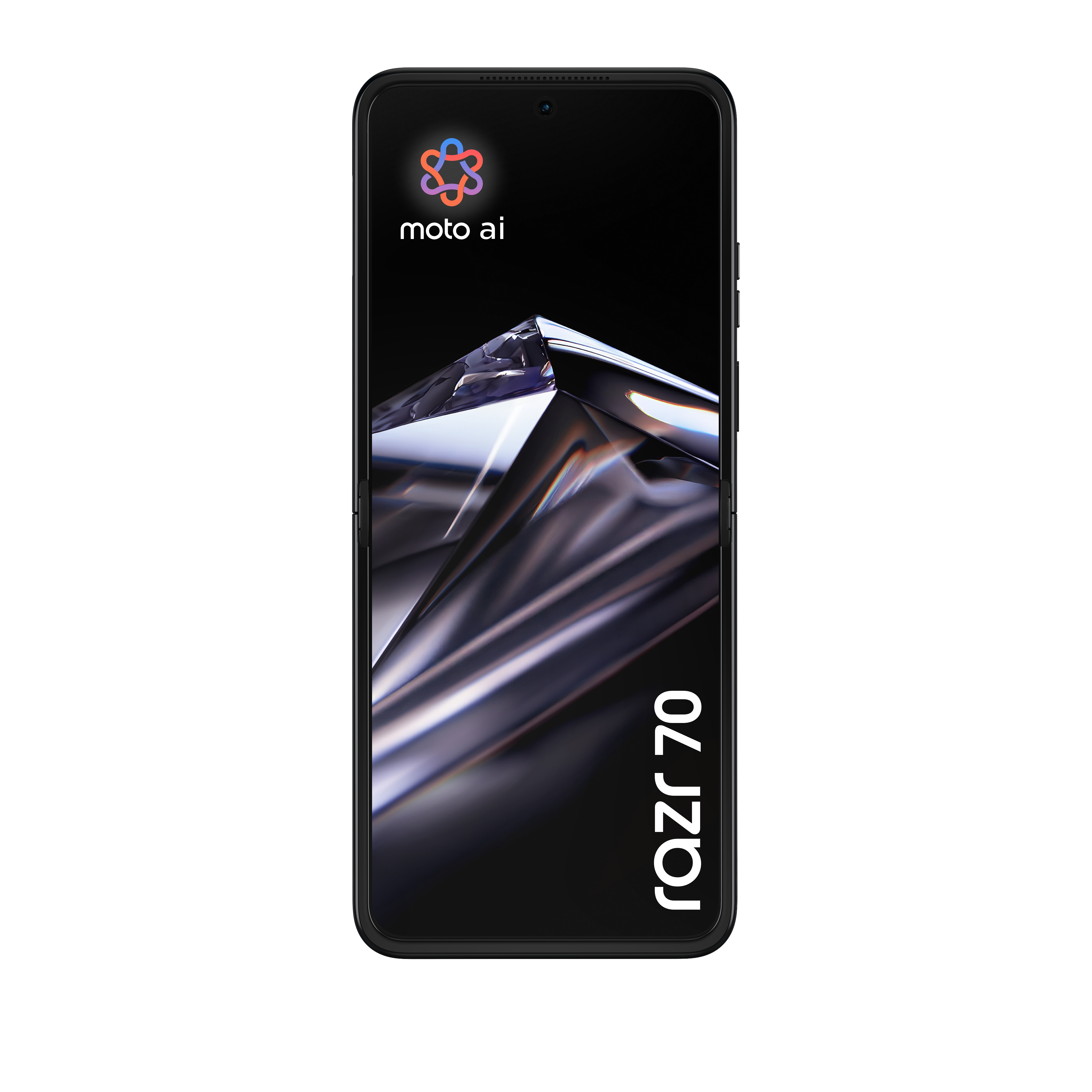 Un smartphone negro que muestra 'moto ai' y 'razr 70' en pantalla sobre un fondo blanco.