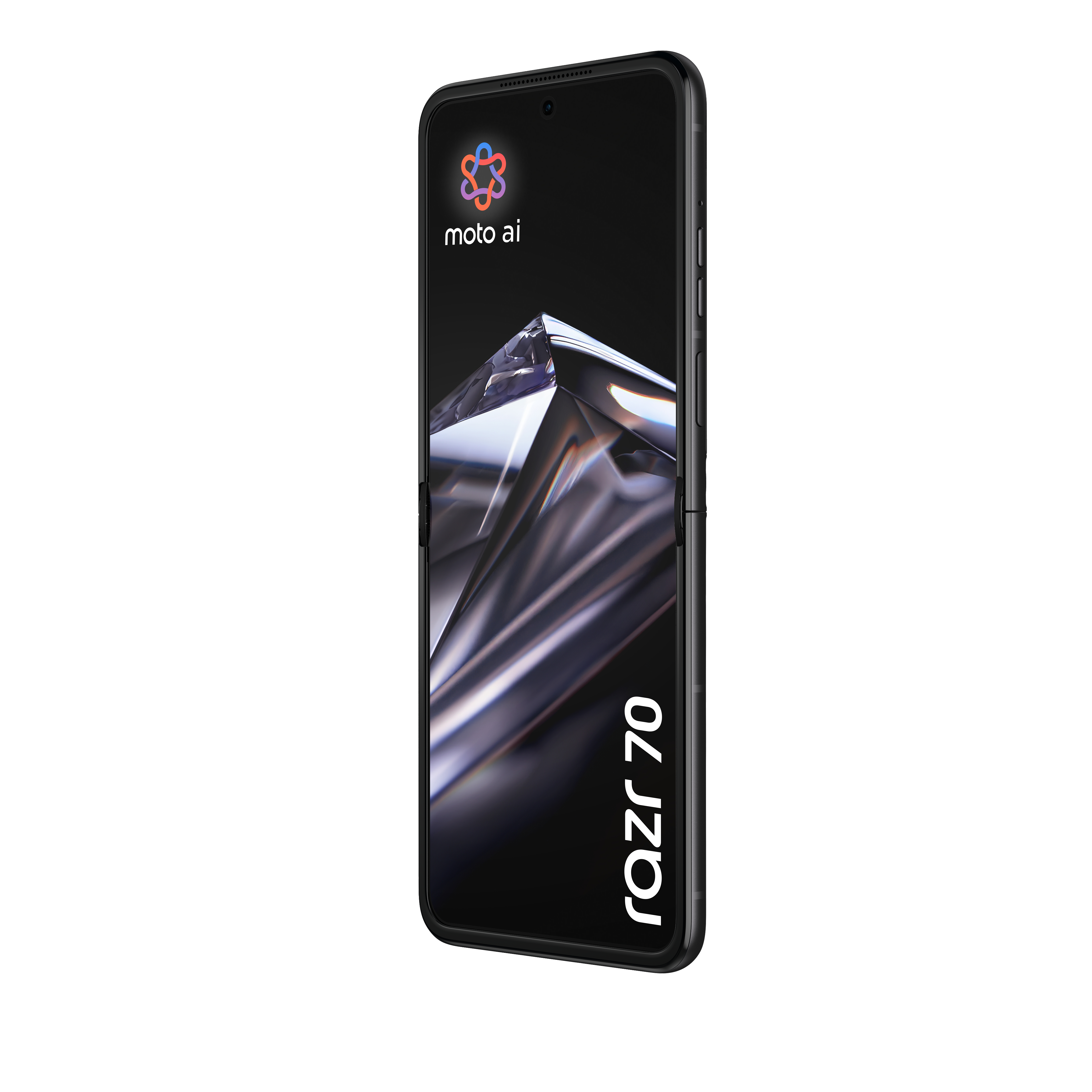 Un teléfono inteligente negro Moto Razr 70 muestra una pantalla brillante con el logotipo de moto ai y el nombre.