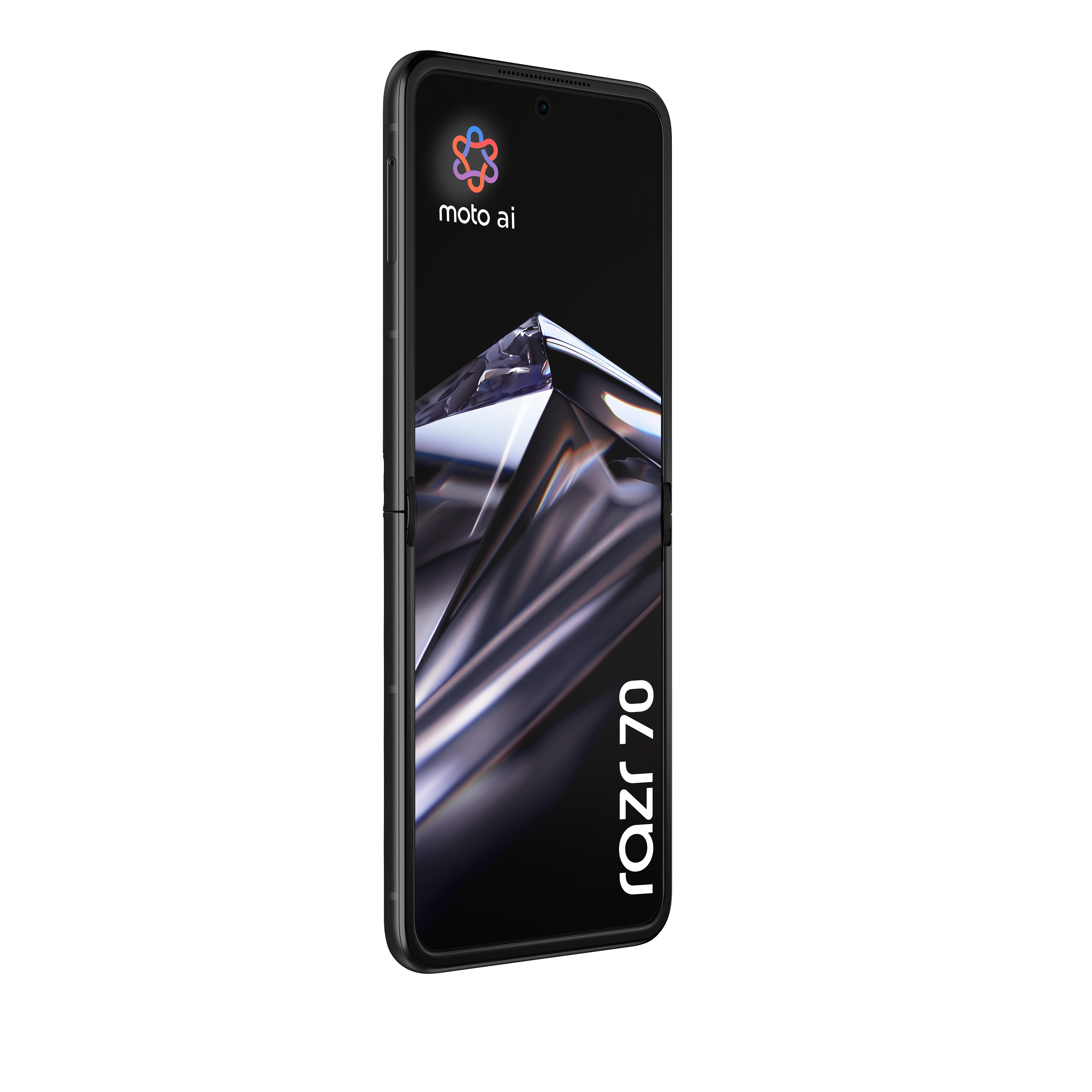 Un smartphone negro Moto Razr 70 muestra una pantalla brillante con el logotipo de moto ai sobre fondo blanco.