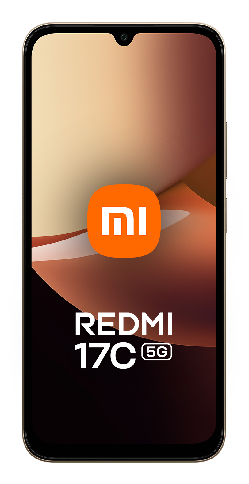 Smartphone mit Xiaomi-Logo und REDMI 17C 5G Text auf dem Bildschirm vor abstractem braunem Hintergrund.