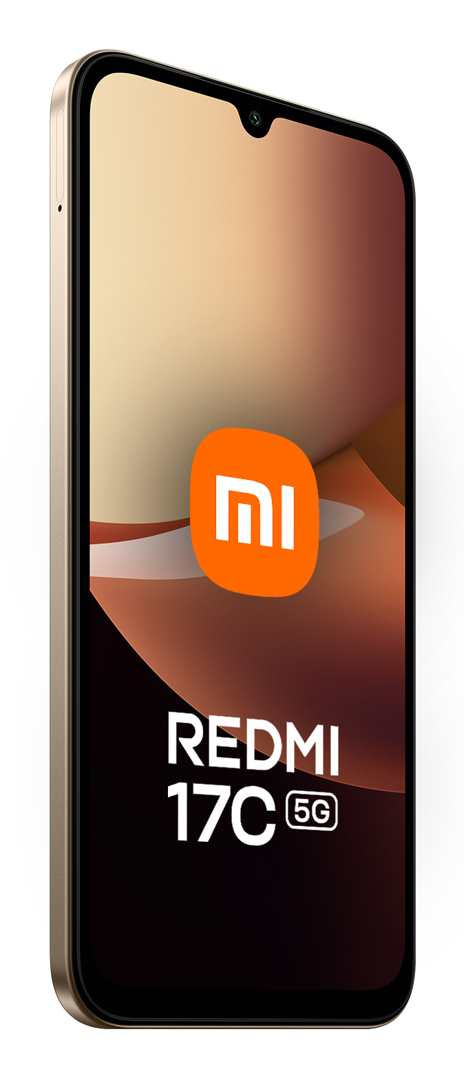 Ein goldenes Redmi 17C 5G Smartphone mit orangem Xiaomi-Logo und Displaytext auf dem Bildschirm.