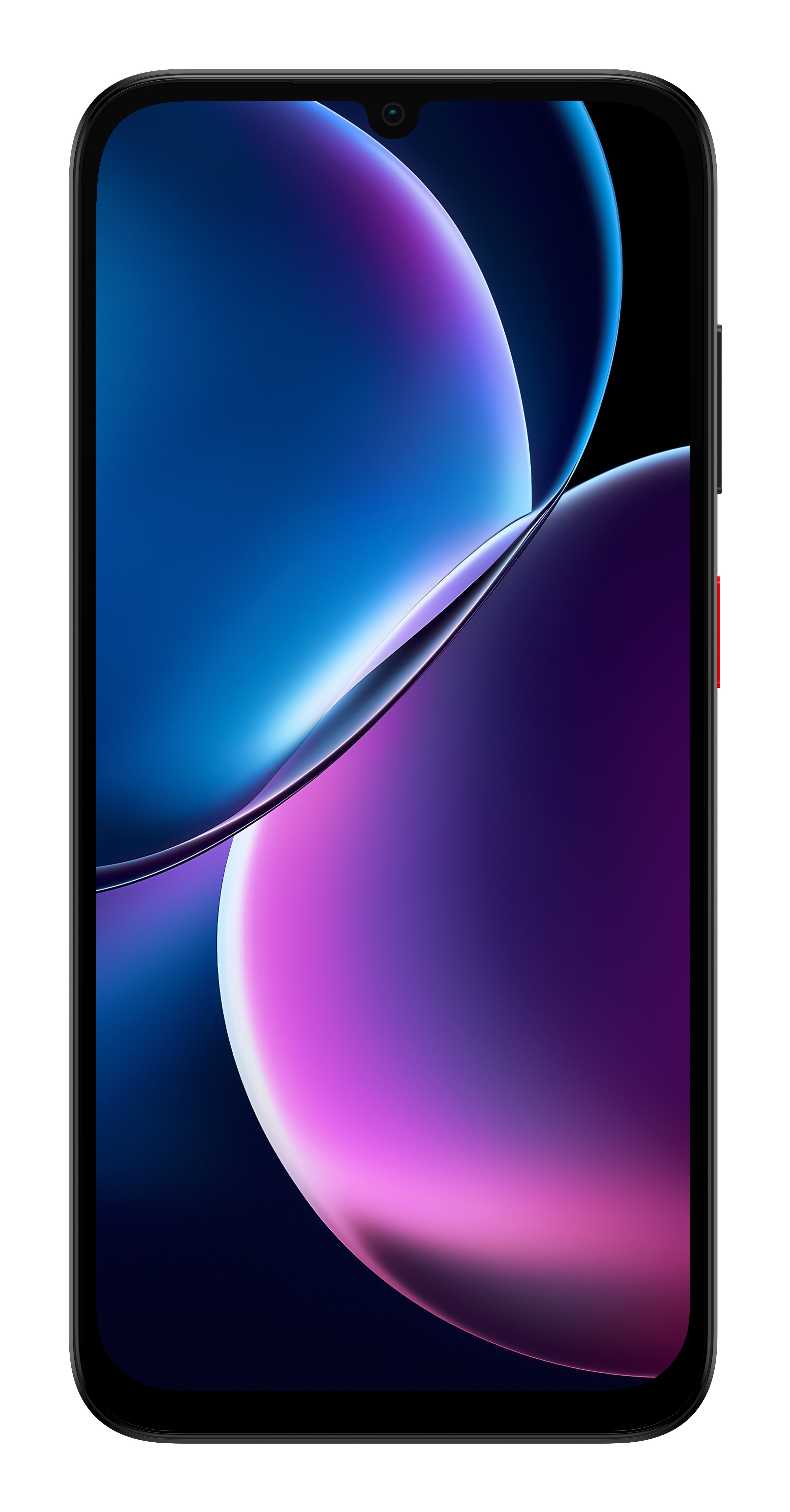 Un smartphone negro con esquinas redondeadas muestra un fondo de pantalla abstracto azul y púrpura.