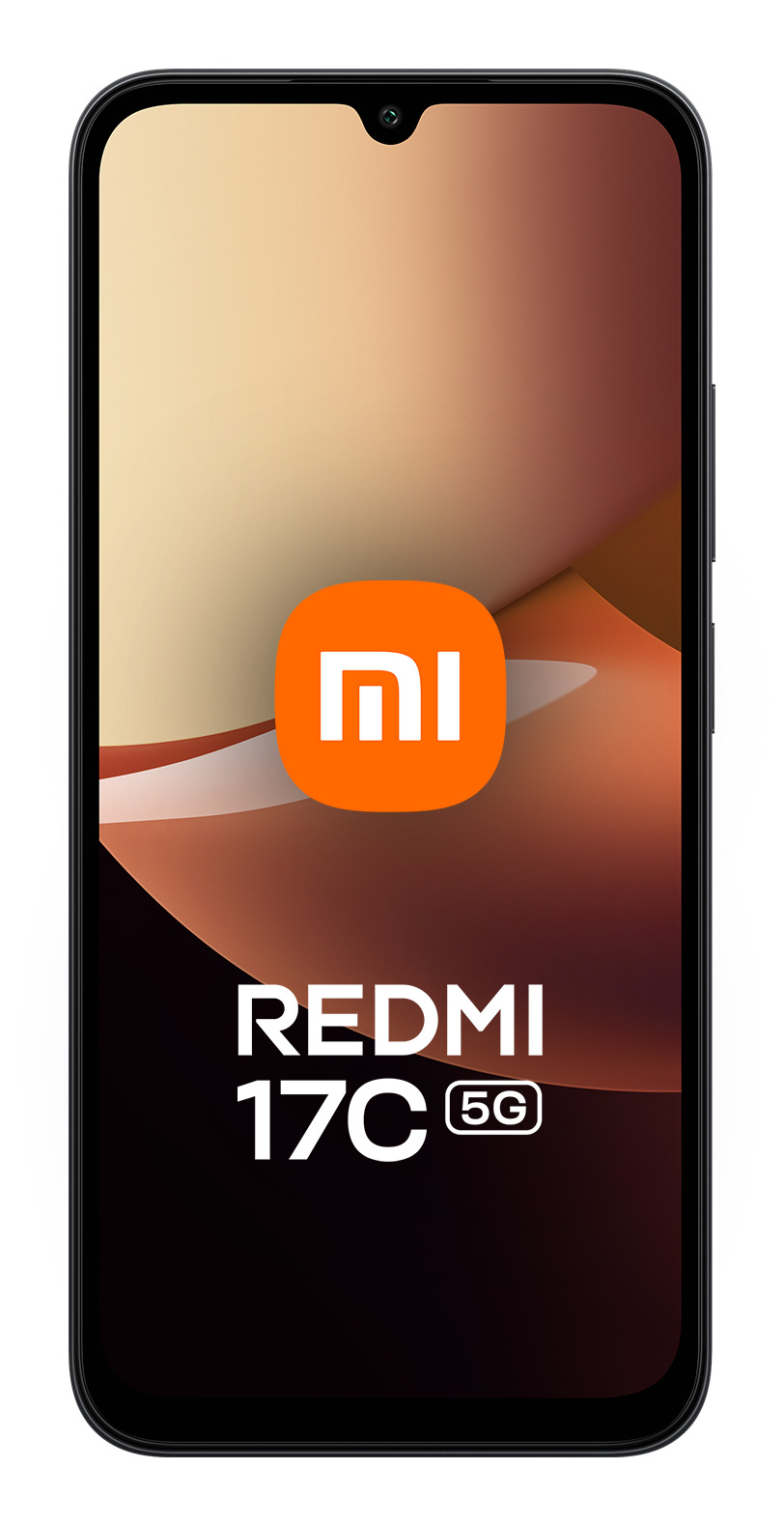 Un smartphone Redmi 17C 5G con un logotipo naranja de Mi y un fondo fluido marrón y beige en la pantalla.