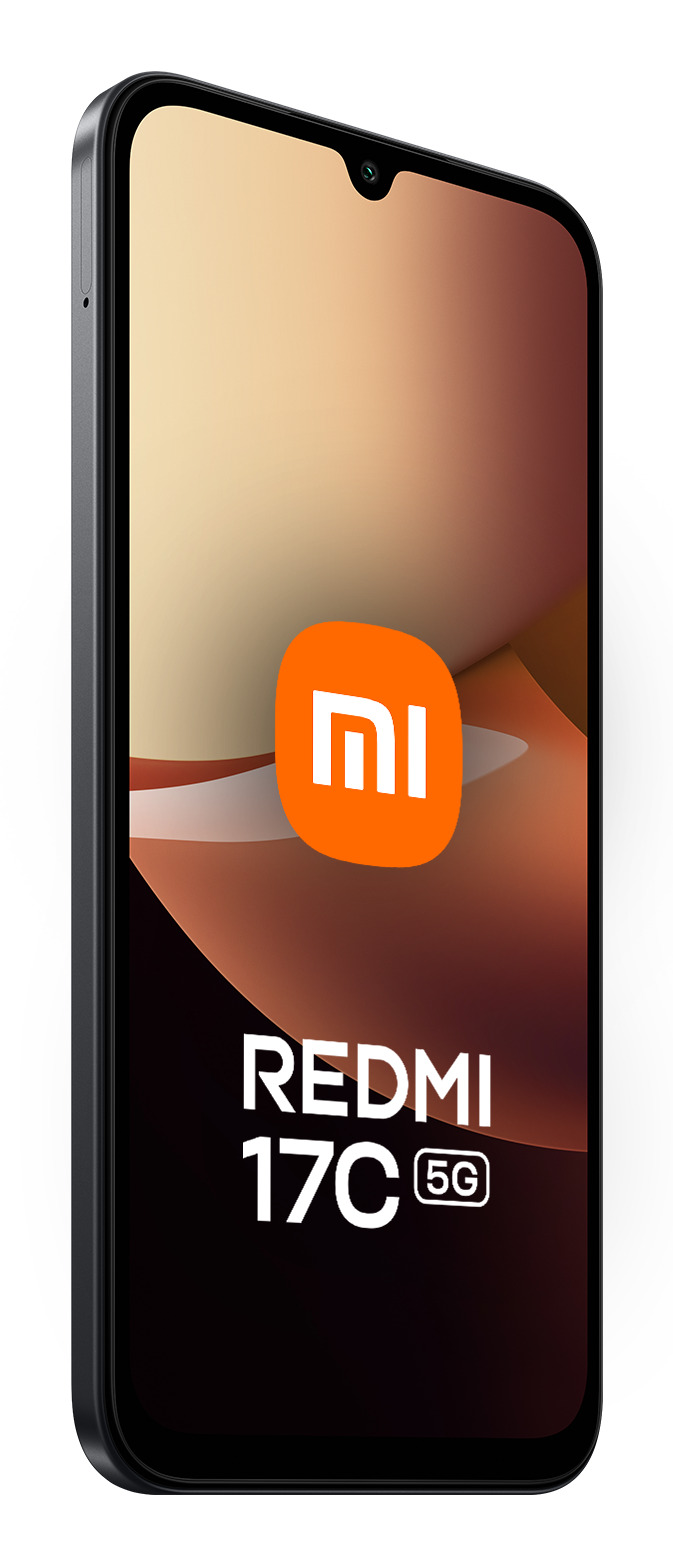 Un smartphone negro Redmi 17C 5G con logotipo Mi y pantalla sobre fondo neutro.