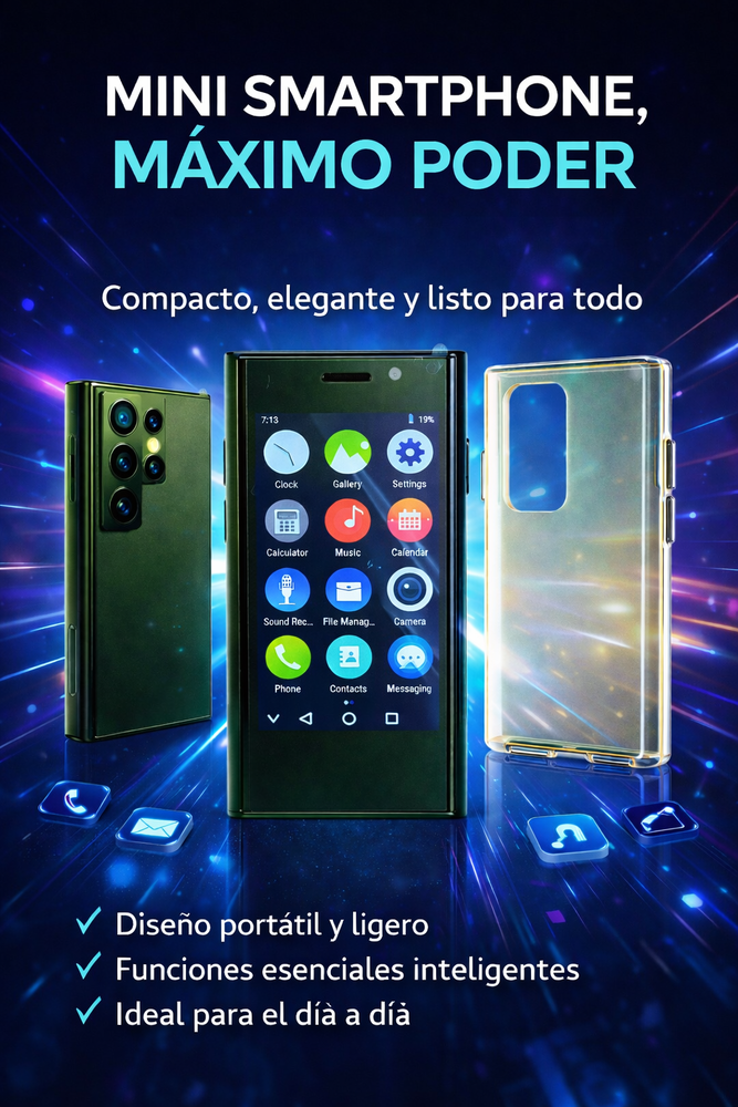 Mini smartphone con triple cámara, pantalla de apps y funda transparente sobre fondo azul.