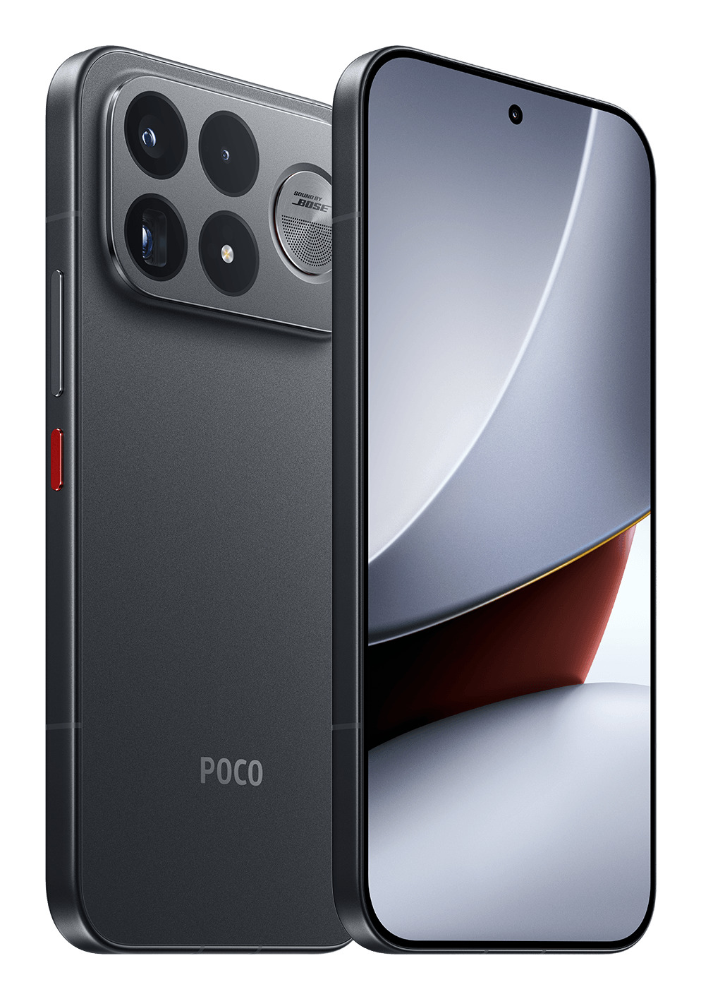 Parte anteriore e posteriore di uno smartphone POCO scuro con modulo a quattro fotocamere e schermo curvo.