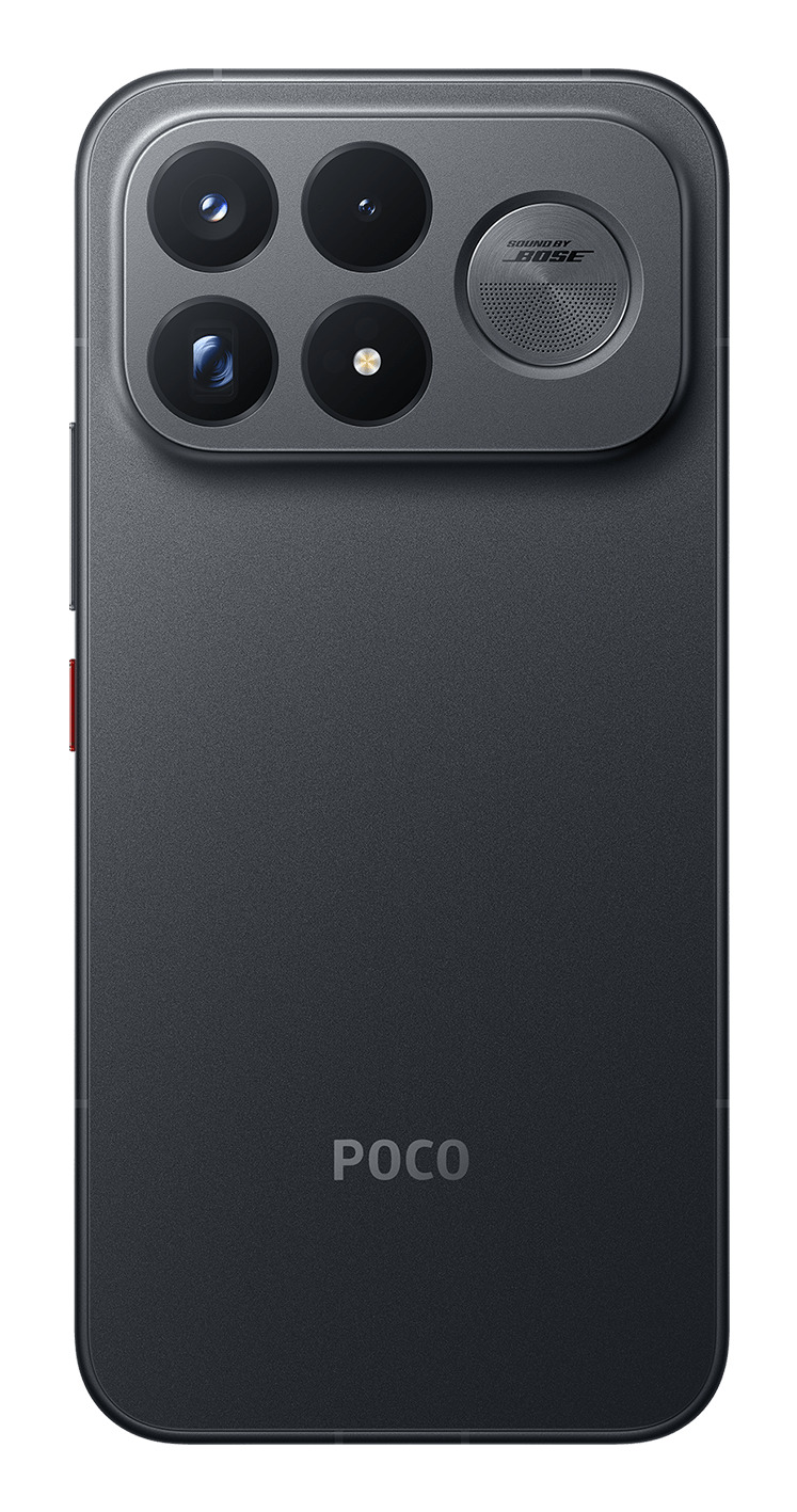Retro di uno smartphone Poco grigio scuro con modulo fotocamera quadrato a quattro lenti e altoparlante Bose.