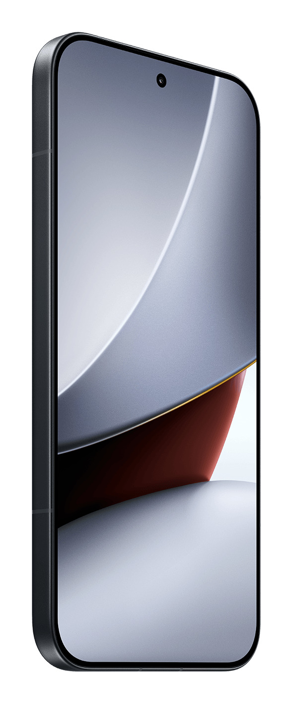Uno smartphone elegante con cornice nera e display luminoso con curve astratte.