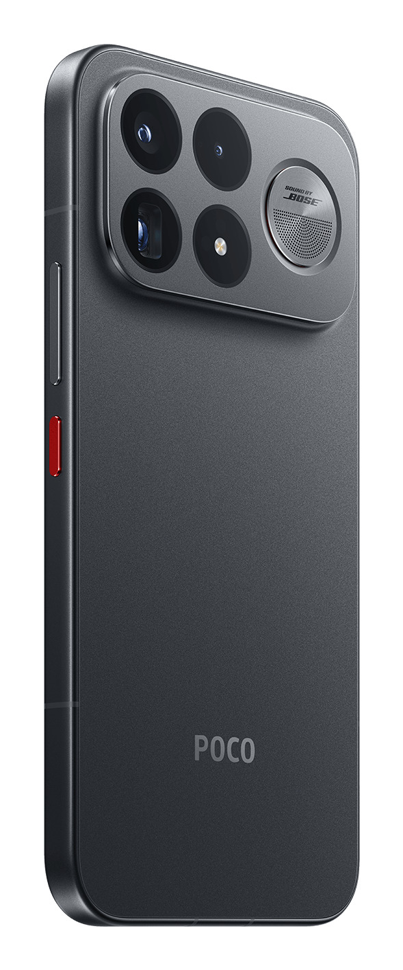 Retro di uno smartphone POCO scuro con modulo a quattro fotocamere e altoparlante Bose.