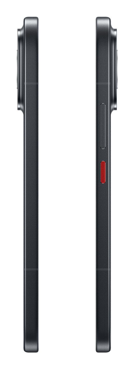 Vista laterale di uno smartphone scuro con sporgenza della fotocamera e pulsanti, incluso uno rosso.