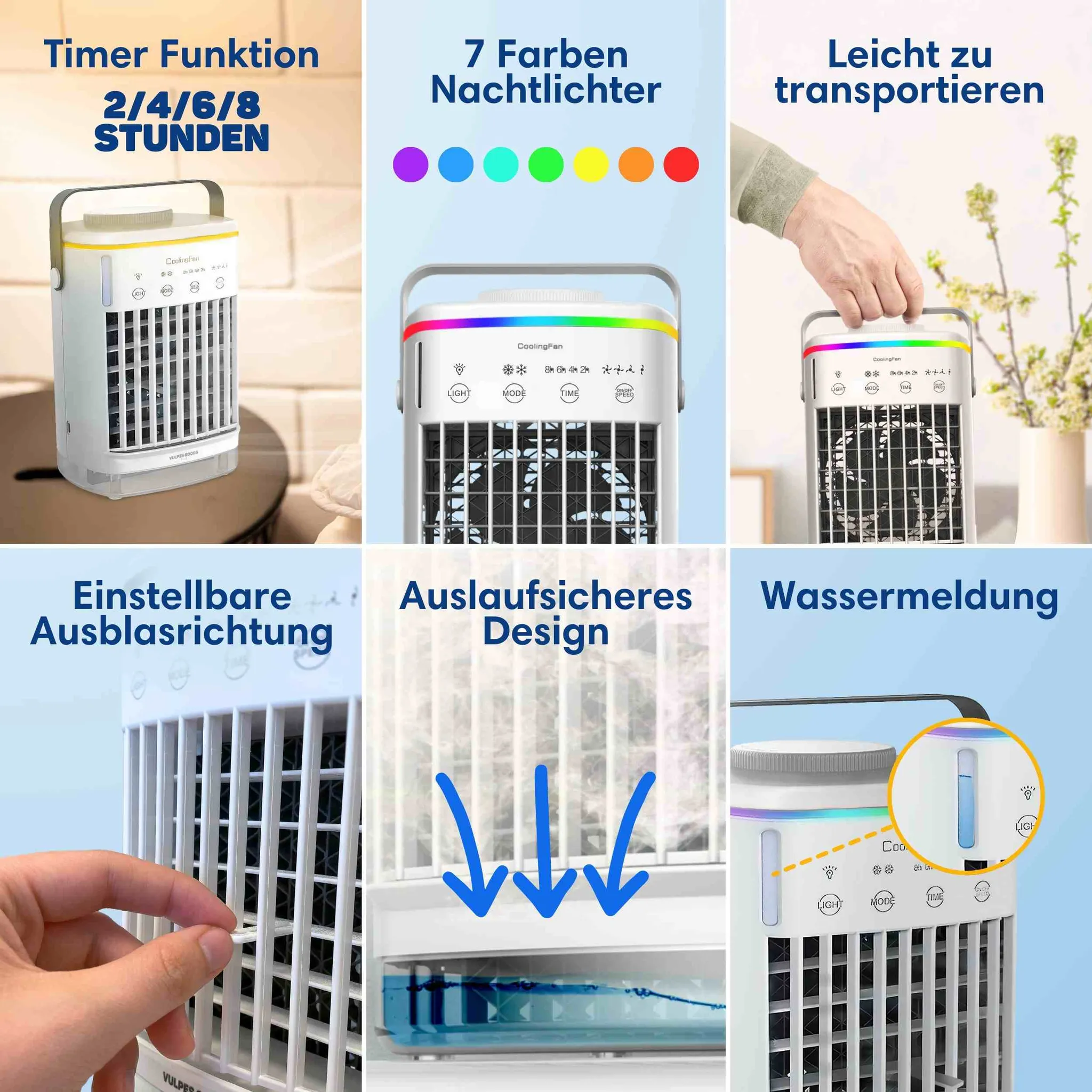 Sechs Bilder zeigen Funktionen eines tragbaren Klimageräts: Timer, Nachtlicht, Griff, Lamellen, Wassertank und Füllstand.