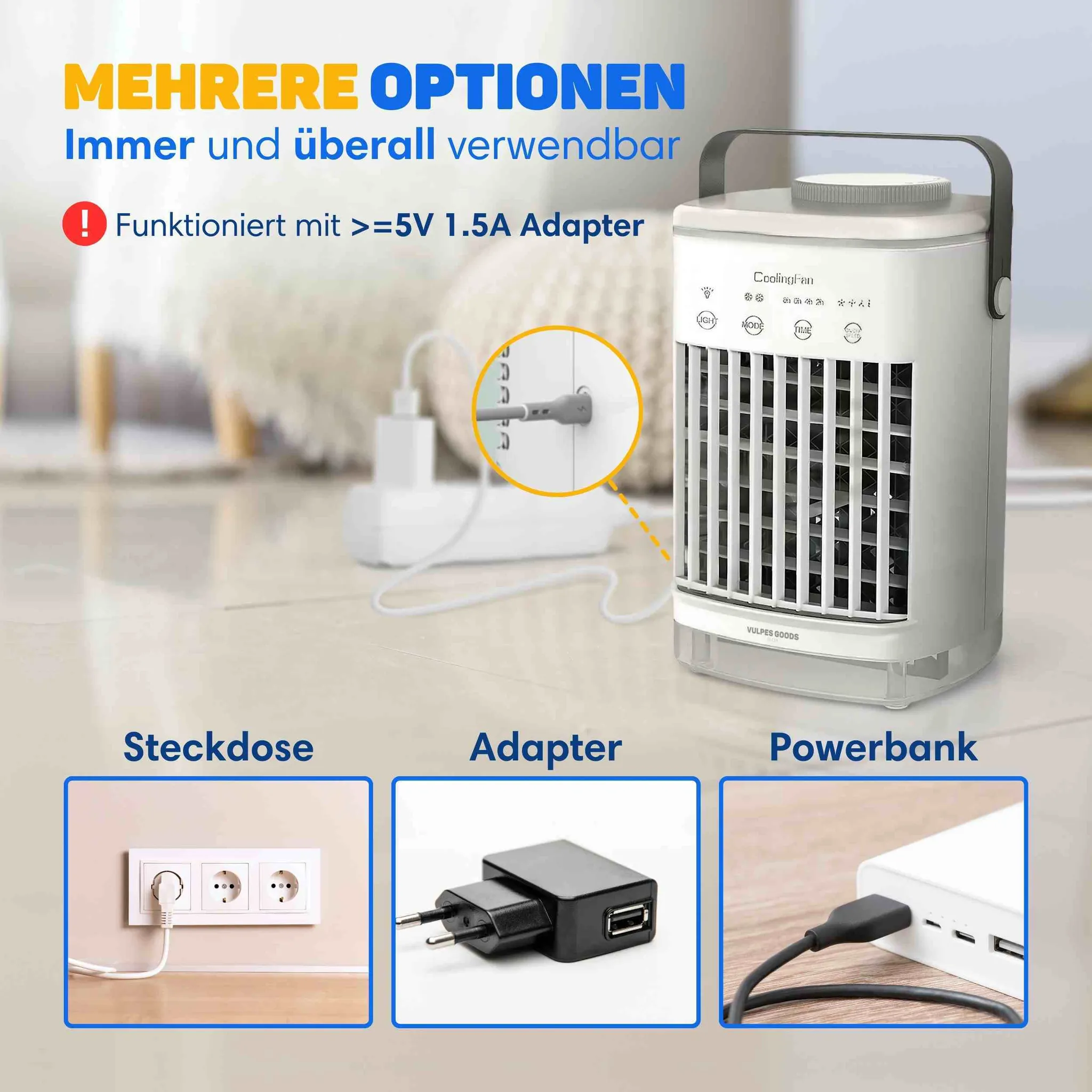 Ein weißer Mini-Klimaanlagenventilator mit USB-Kabel wird über eine Steckdose, einen Adapter oder eine Powerbank betrieben.